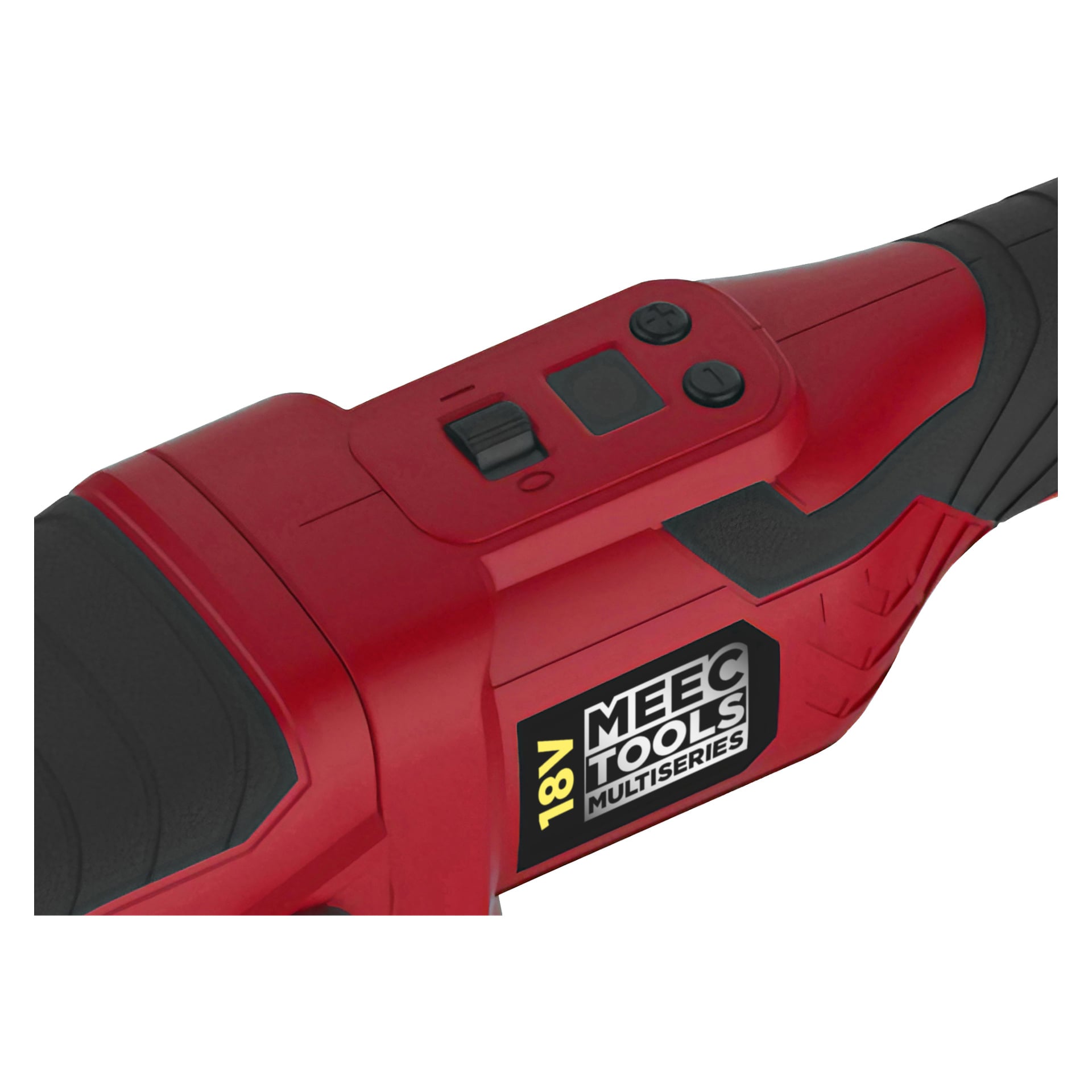 Zbliżenie czerwonej maszyny Meec Tools Multiseries Oscillating Polishing Machine PO-18V HOME 500, prezentującej czarną rączkę, przyciski sterujące, mały ekran wyświetlacza oraz część korpusu narzędzia.