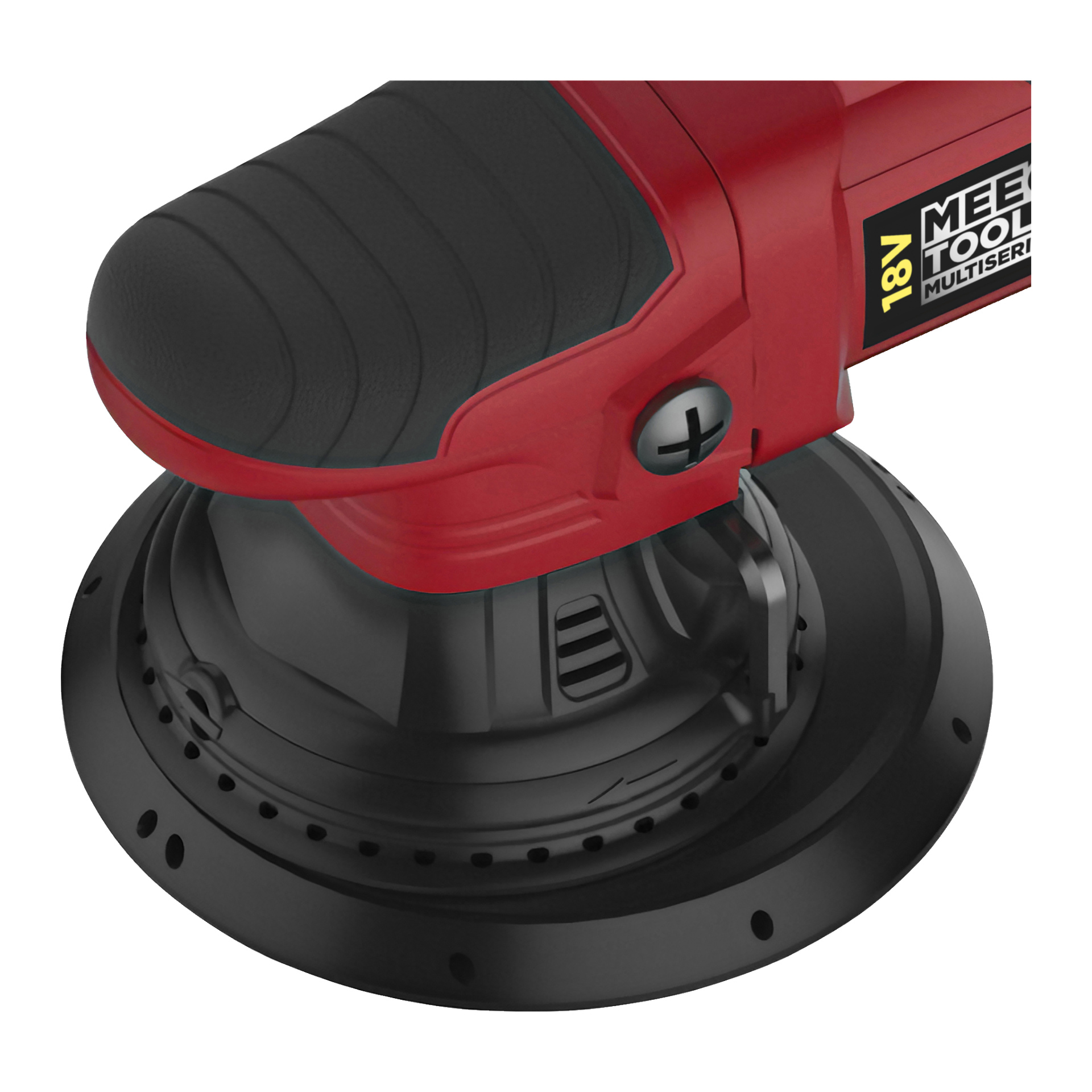 Widok z bliska czerwono-czarnej maszyny Meec Tools Multiseries Oscillating Polishing Machine PO-18V HOME 500, prezentującej teksturowaną rączkę, okrągłą podkładkę szlifierską, przycisk oraz wentylowane fragmenty obudowy.
