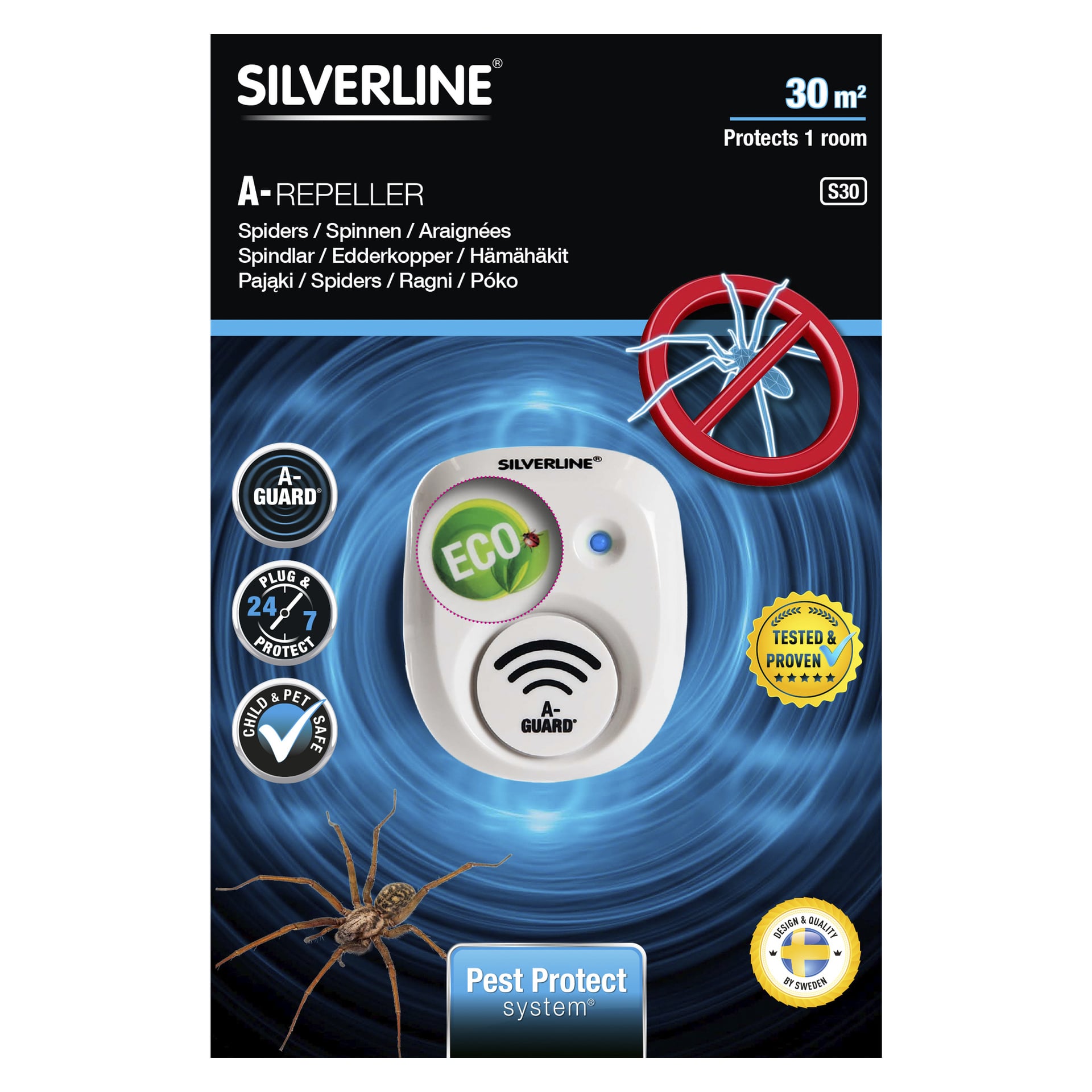Opakowanie Silverline Spider Scarer S30 zawiera białą jednostkę wtyczkową, ekologiczny symbol, ilustrację pająka oraz tekst podkreślający jego zdolność do ochrony jednego pomieszczenia przed pająkami i innymi szkodnikami, zajmując powierzchnię do 30 m², a deklaruje się testy i udowodnioną skuteczność.