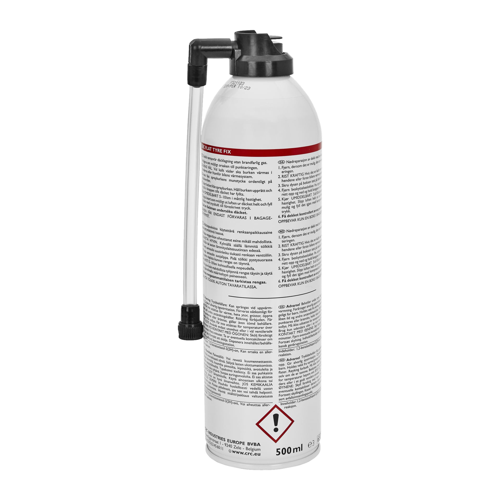 En vit 500 ml aerosolbehållare med CRC Puncture Spray Flat Tire FIX med svart lock och en klar slang fast. Etiketten innehåller instruktioner, varningar, en varningssymbol och ytterligare text längst ner.