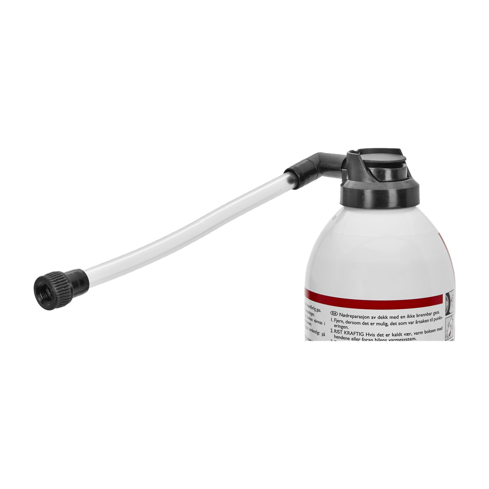En vit CRC Puncture Spray Flat Tire FIX-flaska med lång, böjd plastmunstycke och svart skruvlock står upprätt. Etiketten innehåller en röd rand och viss delvis synlig text.