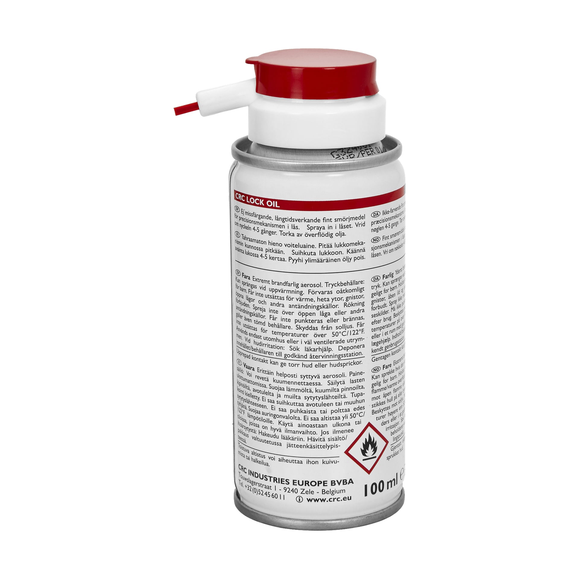 En 100 ml burk CRC Lock Oil med ett rött sugrörsmunstycke. Etiketten visar produktdetaljer, användningsanvisningar, säkerhetsvarningar och en brandfarlig symbol. Tillverkad av CRC Industries Europe BVBA.