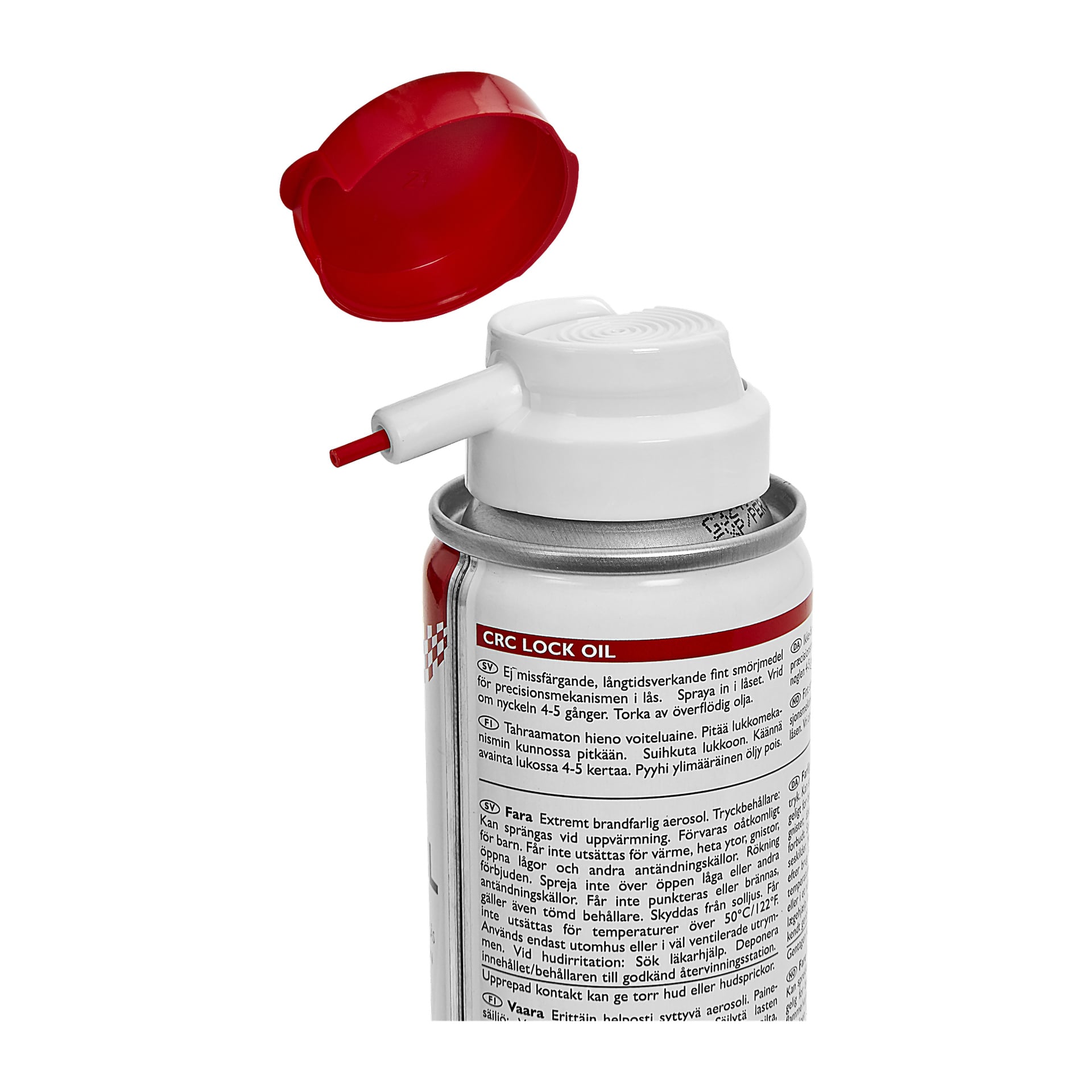 En närbild på en CRC Lock Oil sprayburk med ett vitt och rött munstycke och den röda plastlocket öppnades. Etiketten är synlig och visar instruktioner och varningar.