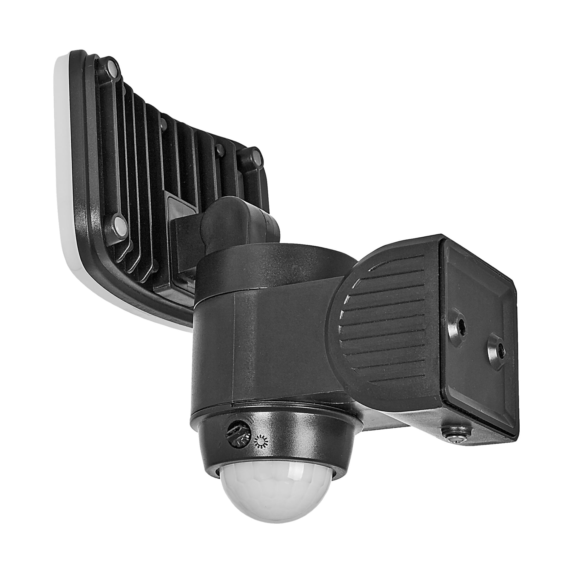 Zbliżenie lampy Anslut z diodą LED czujnika ruchu, pokazujące jej czarne wykończenie, kwadratowy uchwyt, regulowaną głowicę oraz biały, kopulasty czujnik ruchu na dole.