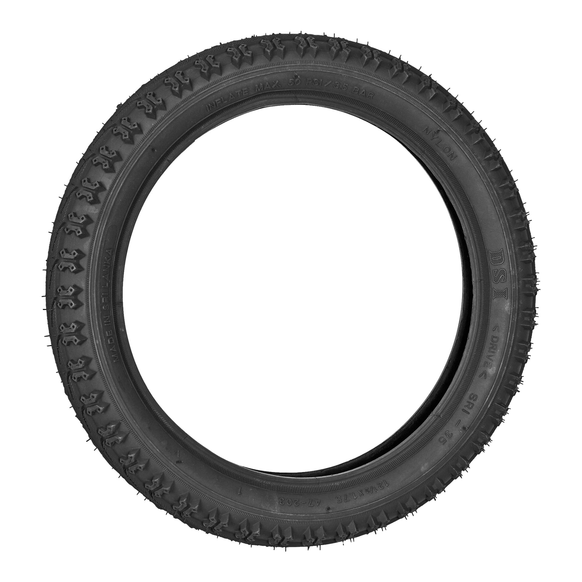 Ett svart Kayoba-cykeldäck med detaljerat mönster och små gummitaggar, sedd från sidan.