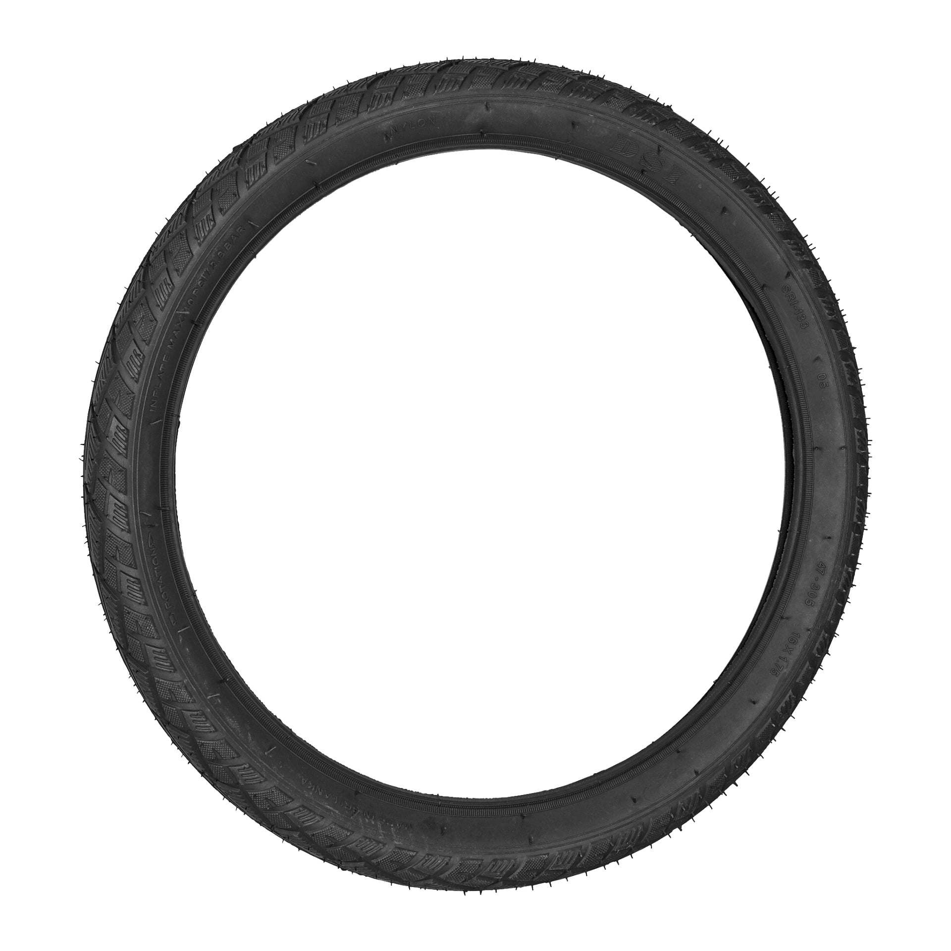 Ett svart Kayoba-cykeldäck med ett tydligt mönster visas. Små gummiknoppar längs kanterna indikerar att däcket är nytt och oanvänt.