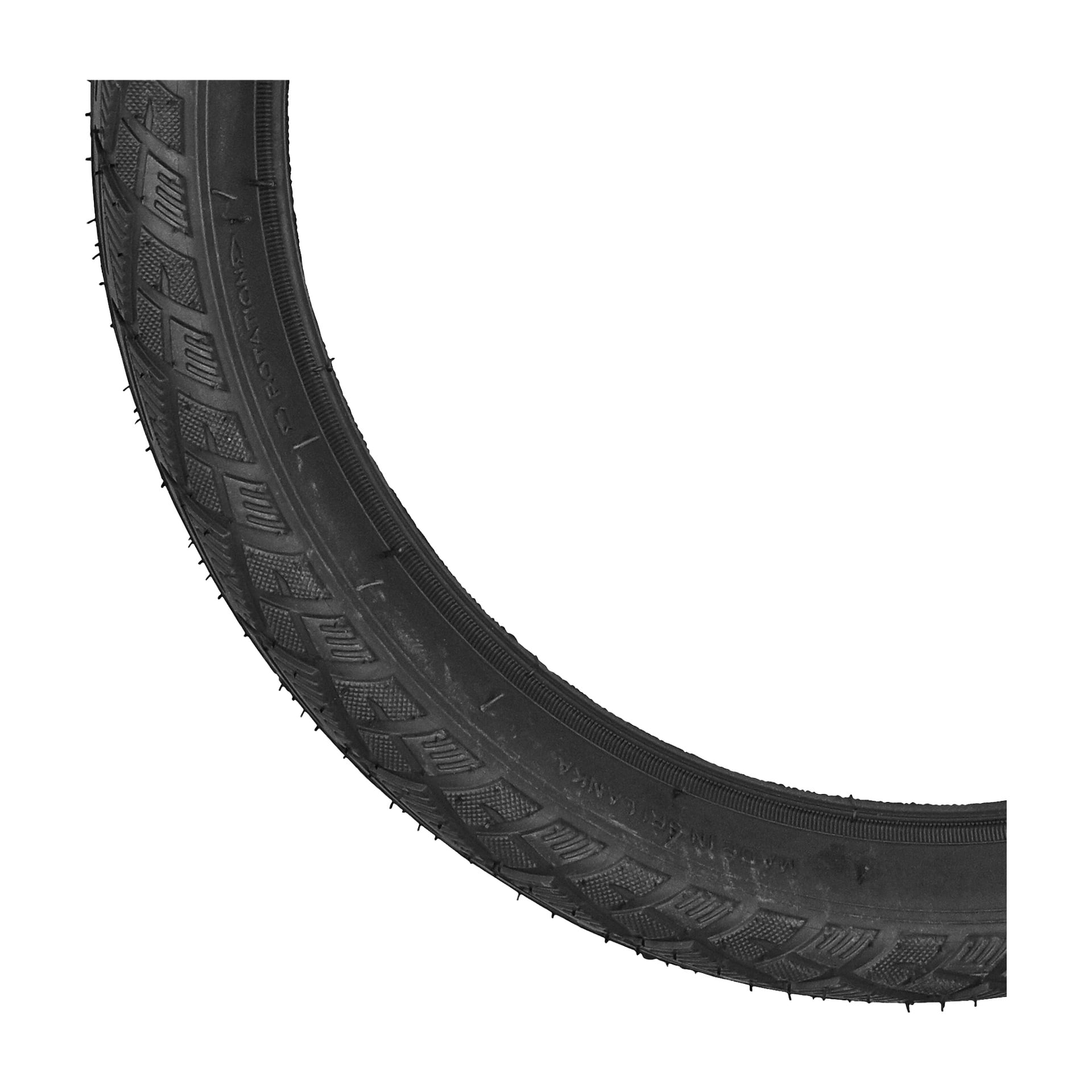 Närbild på ett Kayoba Bike-däck som visar intrikata mönstermönster och texturerad sidovägg på svart gummi, där endast en del av däcket fångas på bilden.