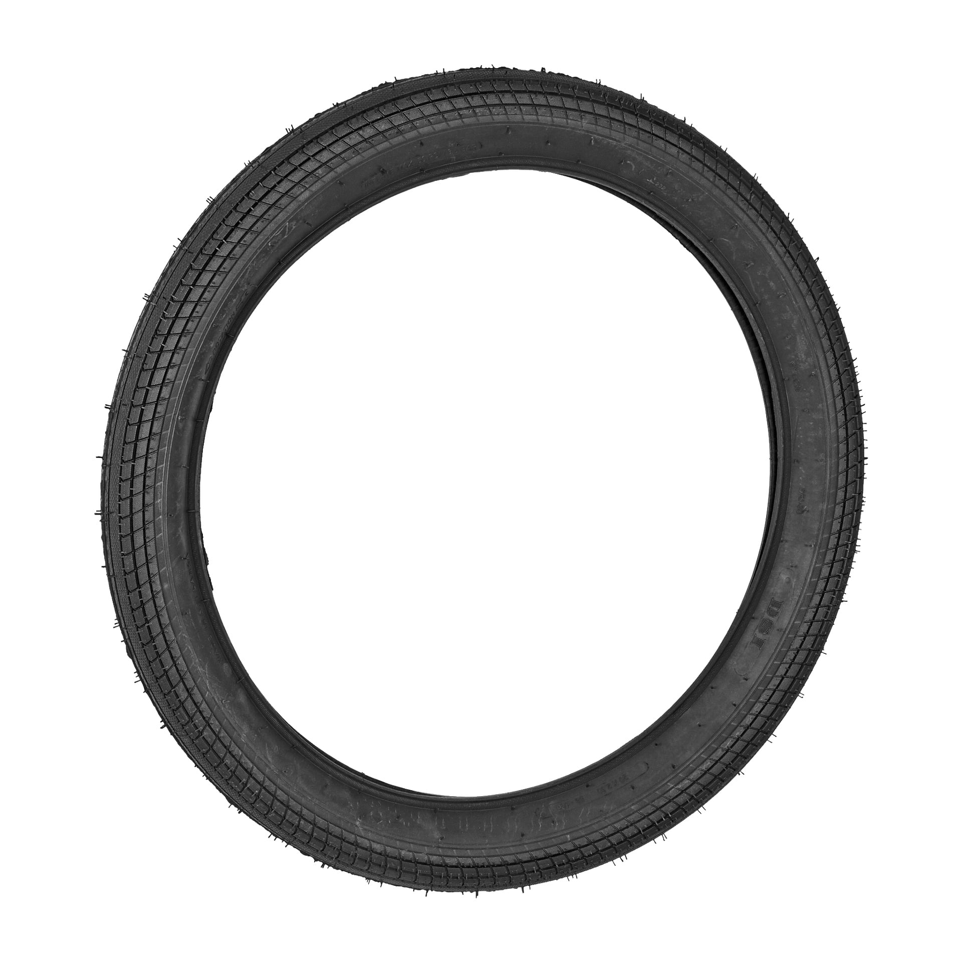 En produkt från Kayoba Bike Tyres visas och visar ett svart gummidäck med detaljerad mönsterdesign och små gummitaggar längs kanten. Vyn uppifrån visar tydligt däckets kompletta cirkulära form.