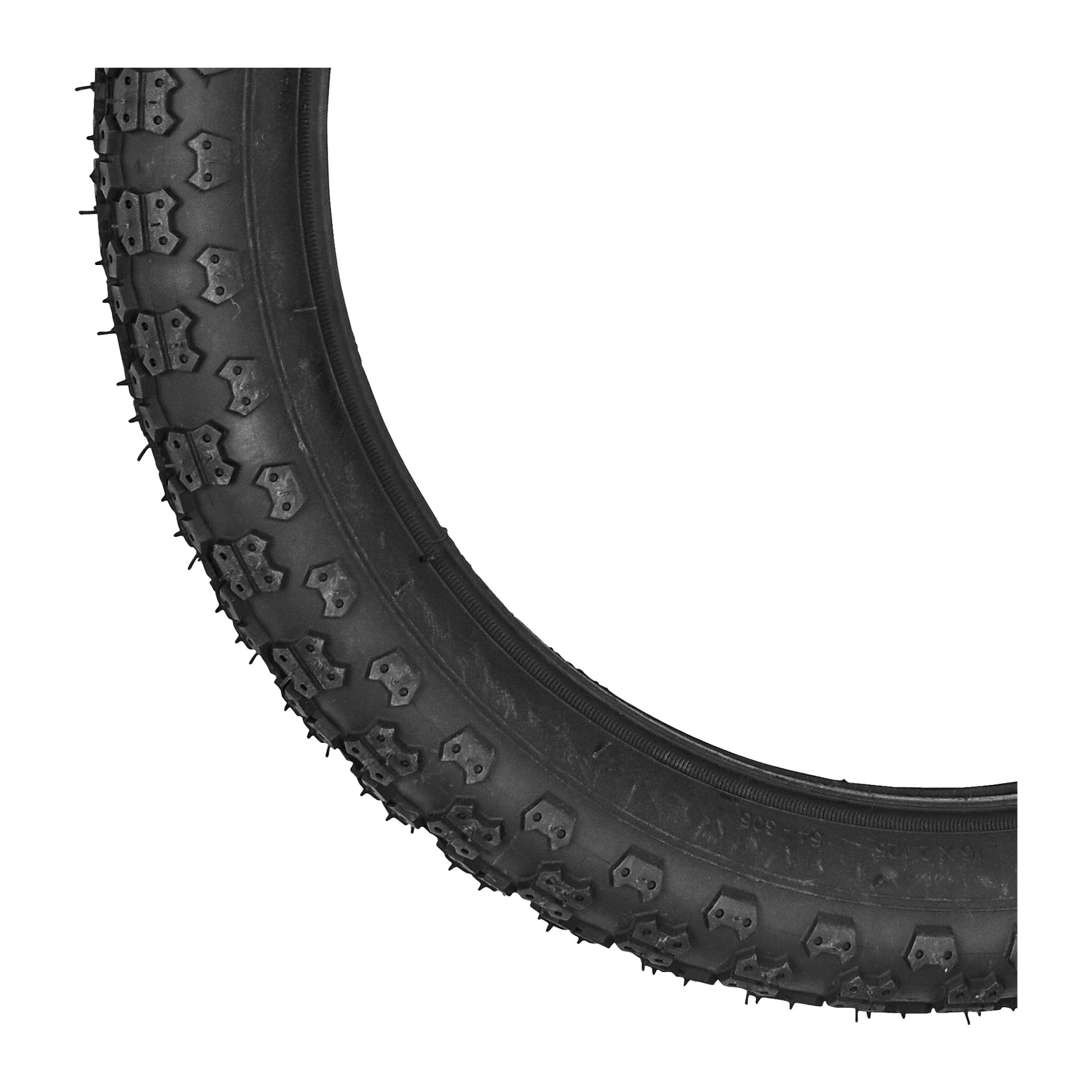 Närbild på höger sida av ett svart Kayoba Bike-däck, som betonar dess djupa mönster och distinkta tillverkningsmärken.