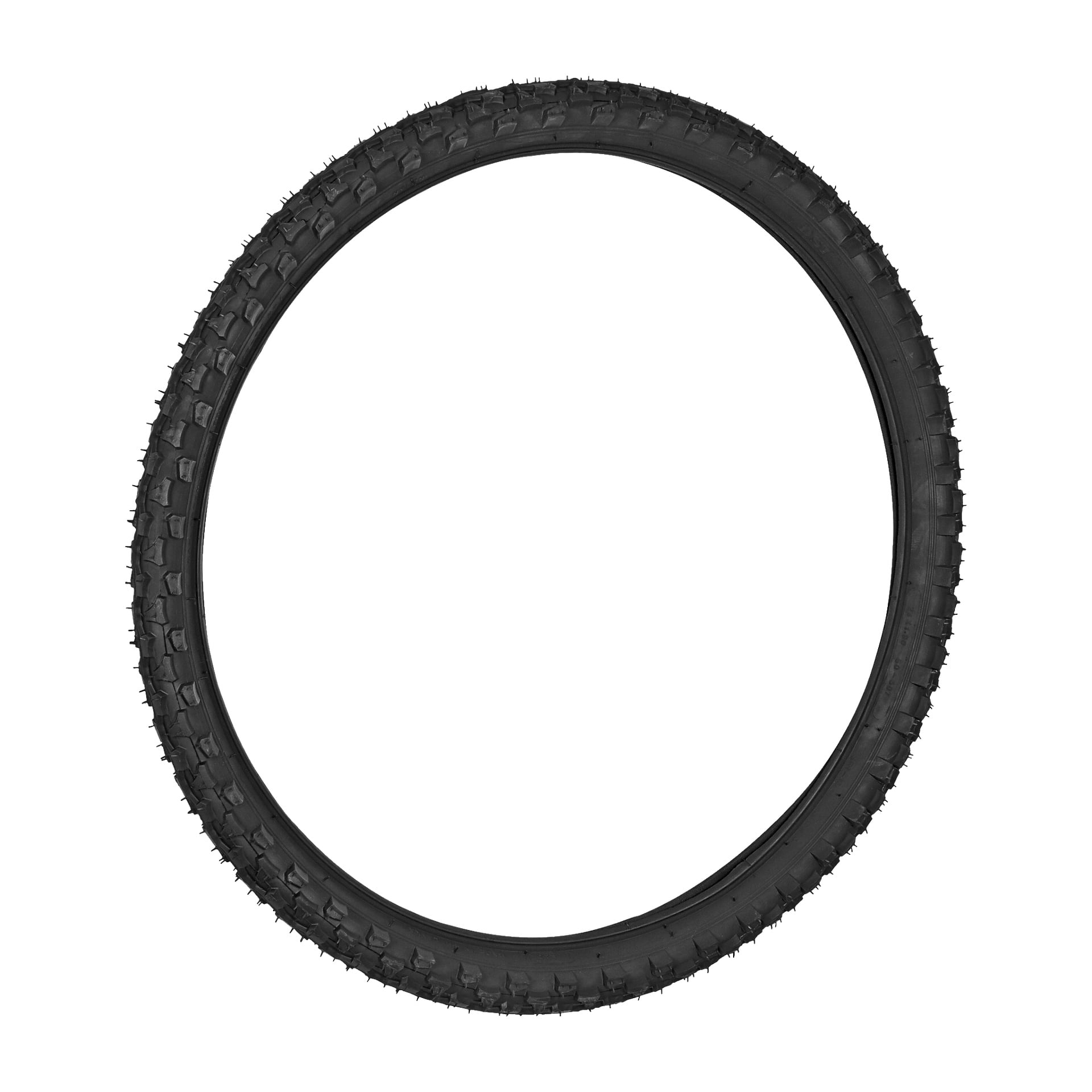 Ett enda Kayoba-cykeldäck med ett knöligt mönster visas. Det svarta däcket ses från sidan och bildar en perfekt cirkel.