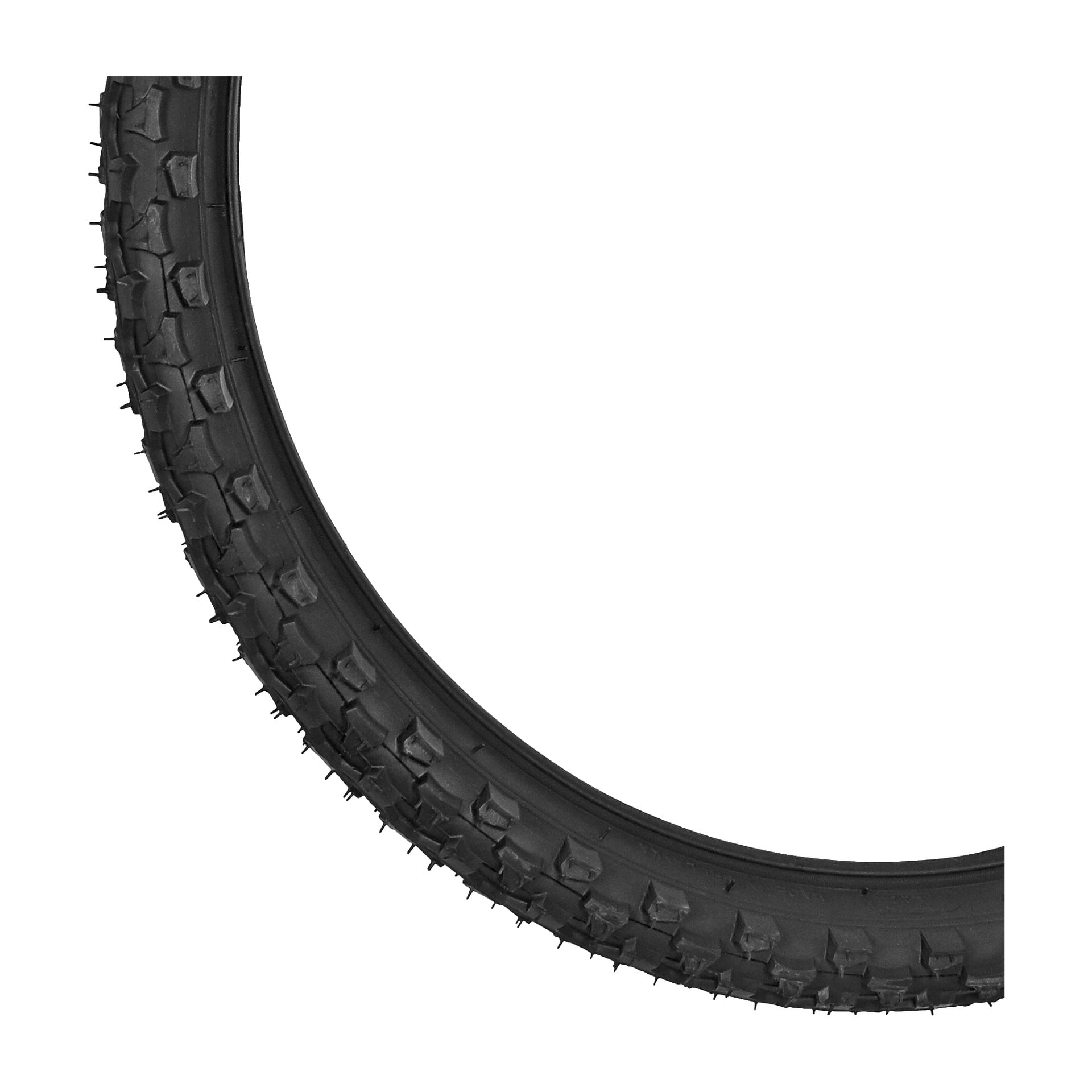 En närbild på ett svart Kayoba Bike-däck, med fokus på dess knotiga mönster och den detaljerade texturen på sidoväggen. Endast en del av däcket syns.