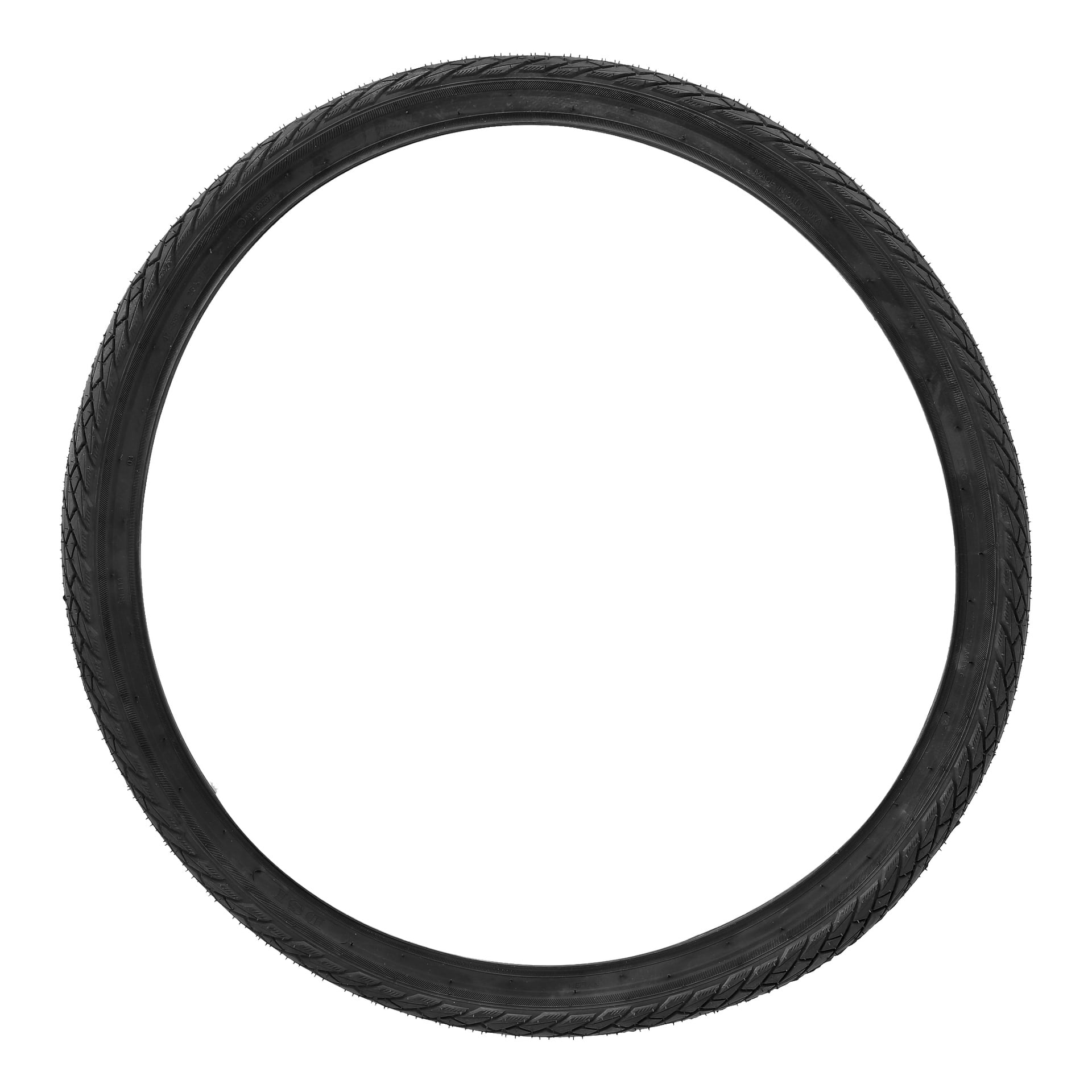 Ett svart Kayoba-cykeldäck står upprätt i en cirkulär form och visar tydligt sitt mönster.