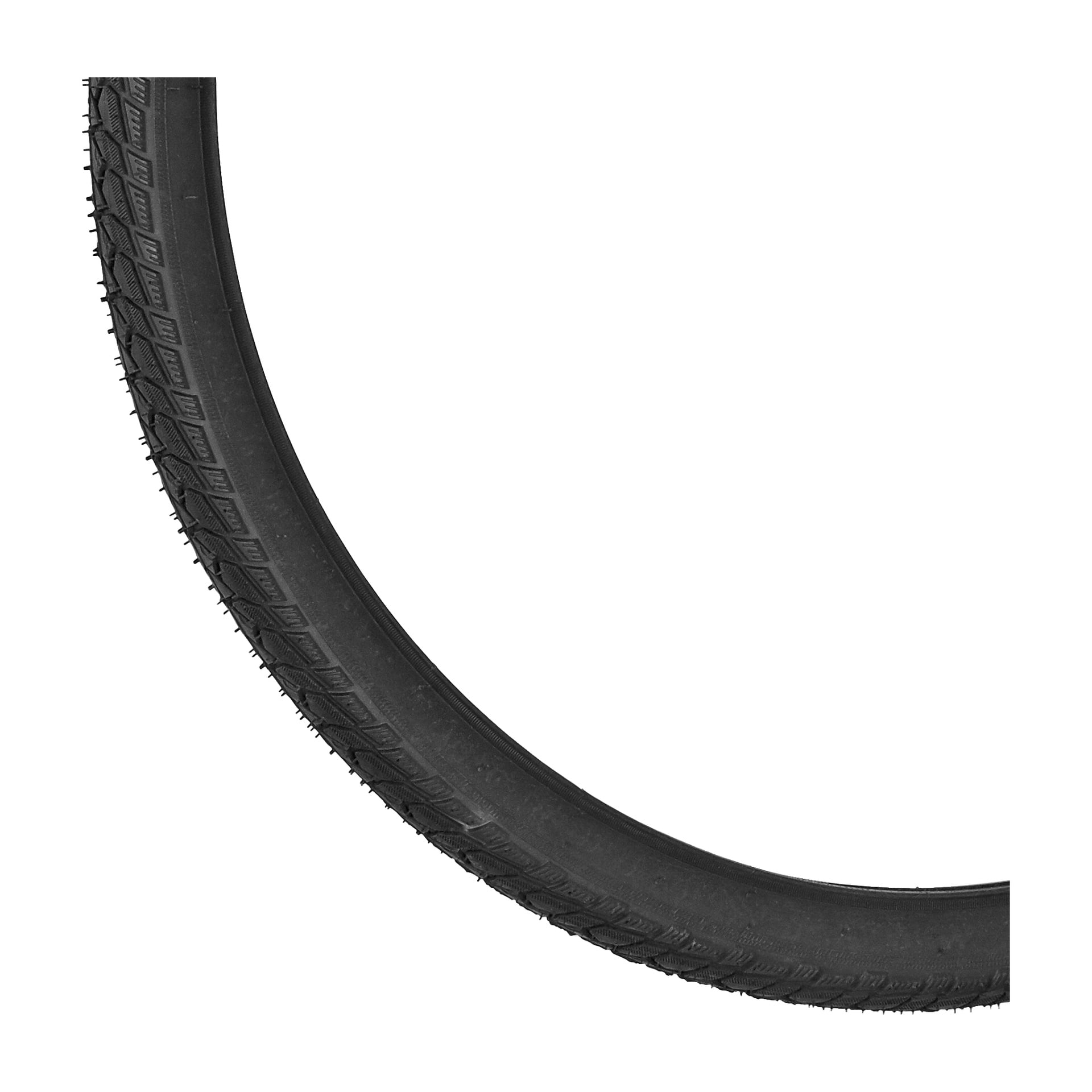 Närbild på den övre delen av ett svart Kayoba Bike-däck, som visar dess texturerade mönster. Däcket är omonterat och ingen fälg syns.