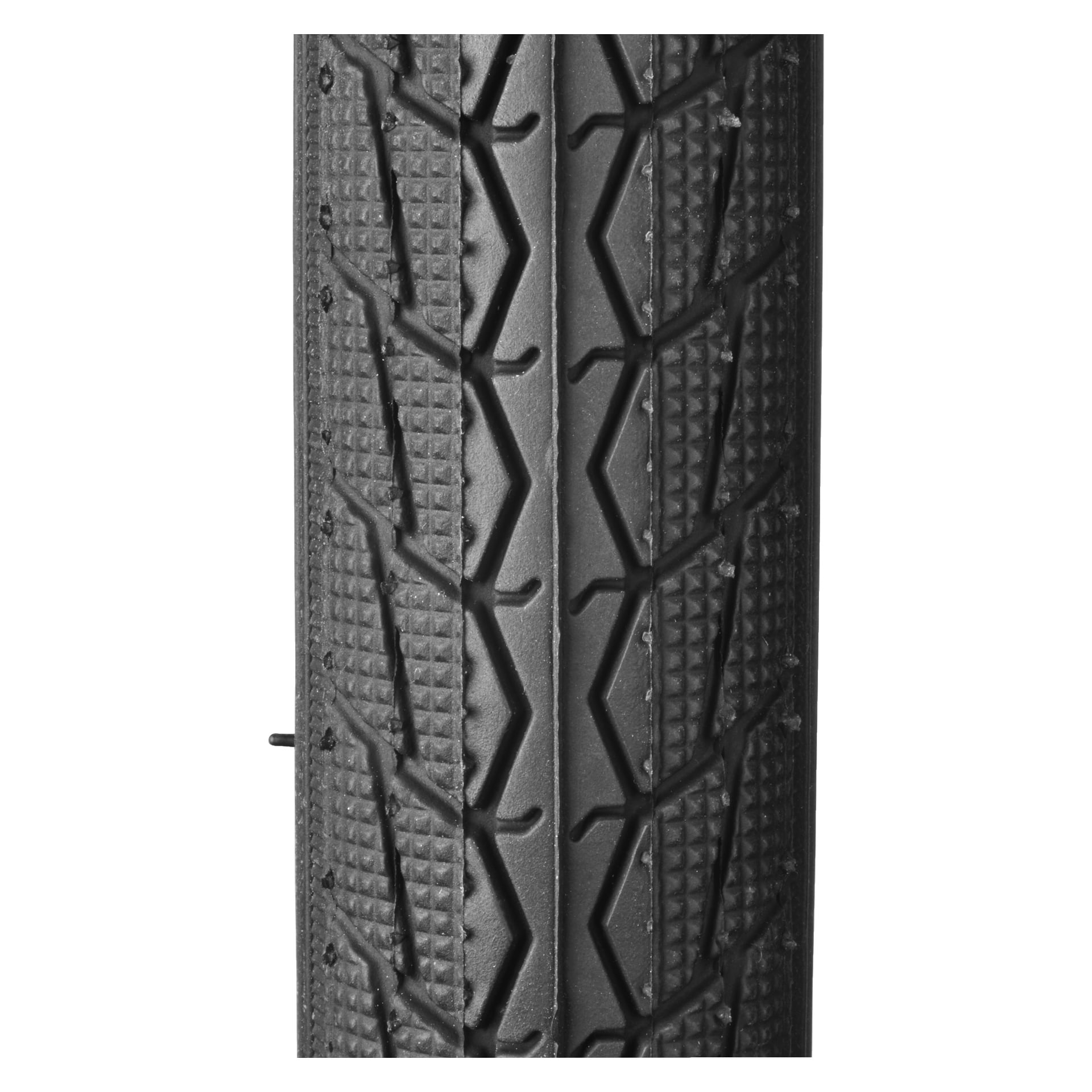 Närbild på ett svart Kayoba Bike-däck, som framhäver dess texturerade mönster med sicksackformade spår och små upphöjda guppar.