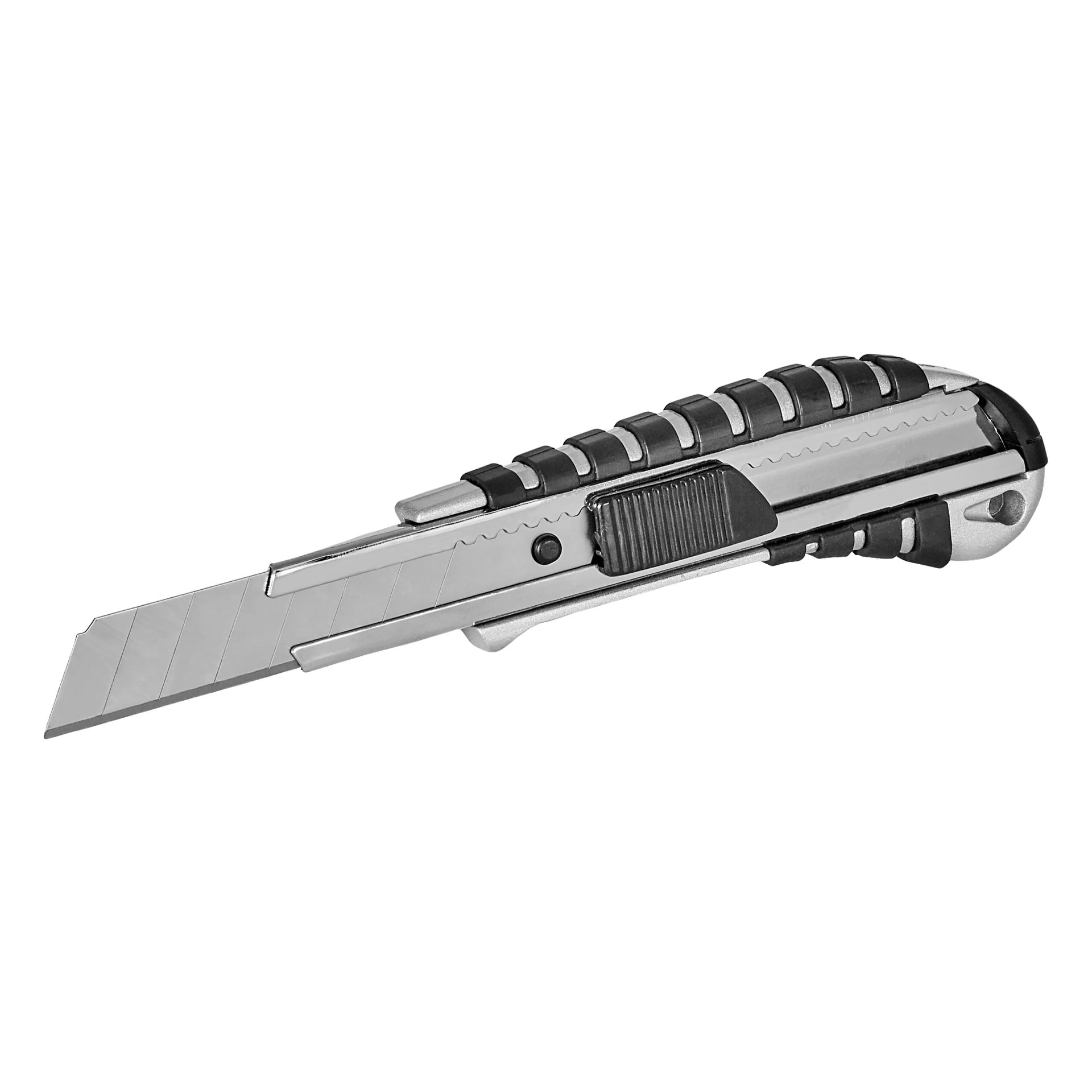 Meec Tools Snap-off bladkniv vises med svart gummigrep, segmentert blad og en skyveknapp for å justere bladlengden.