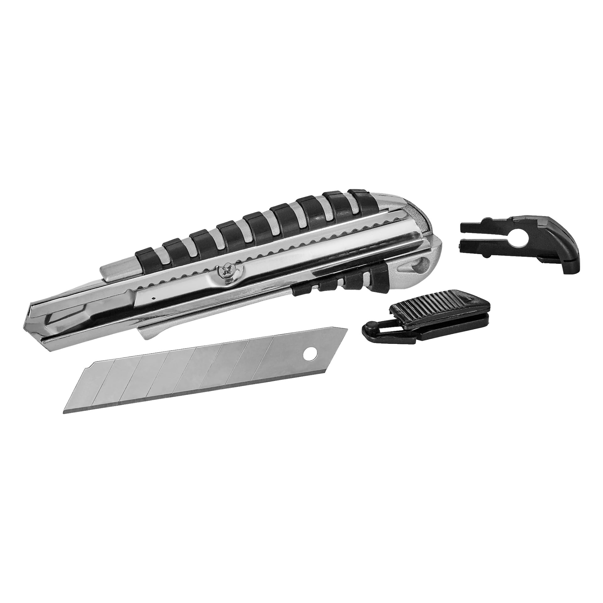 En Meec Tools snap-off kniv med segmentert blad, skyveknapp, løs svart plastendehette og liten låseklips vises.