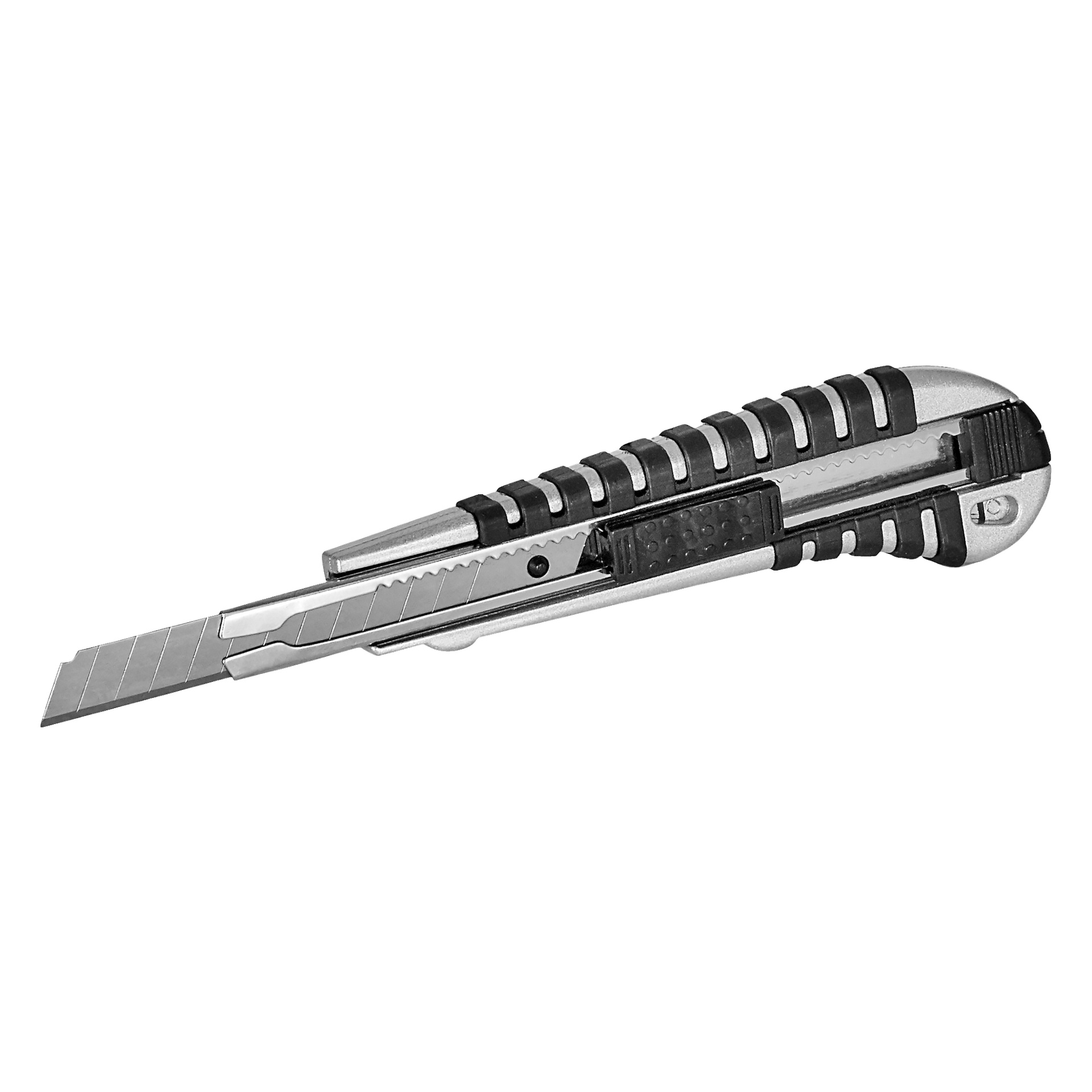 Lähikuva Meec Toolsin napsautettavasta teräveitsestä, jossa on segmentoitu terä, metallivarsi ja mustat kumikahvan yksityiskohdat. Tuote on merkitty Meec Toolsiksi.