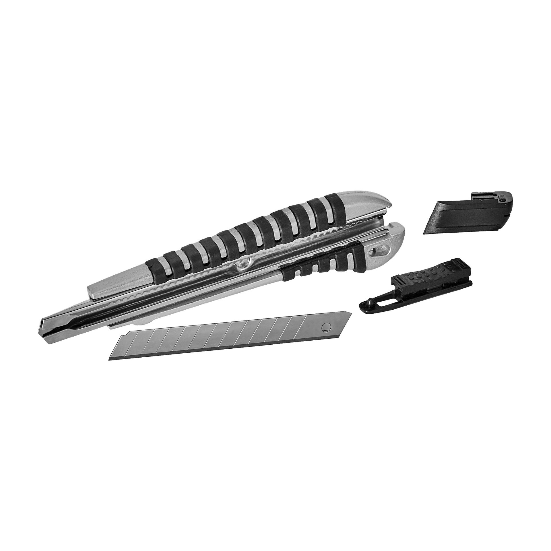 Meec Tools Snap-off -teräveitsi puretaan, ja siinä näkyy segmentoitu terä, kahva, suojus sekä sisäiset lukitusmekanismit.