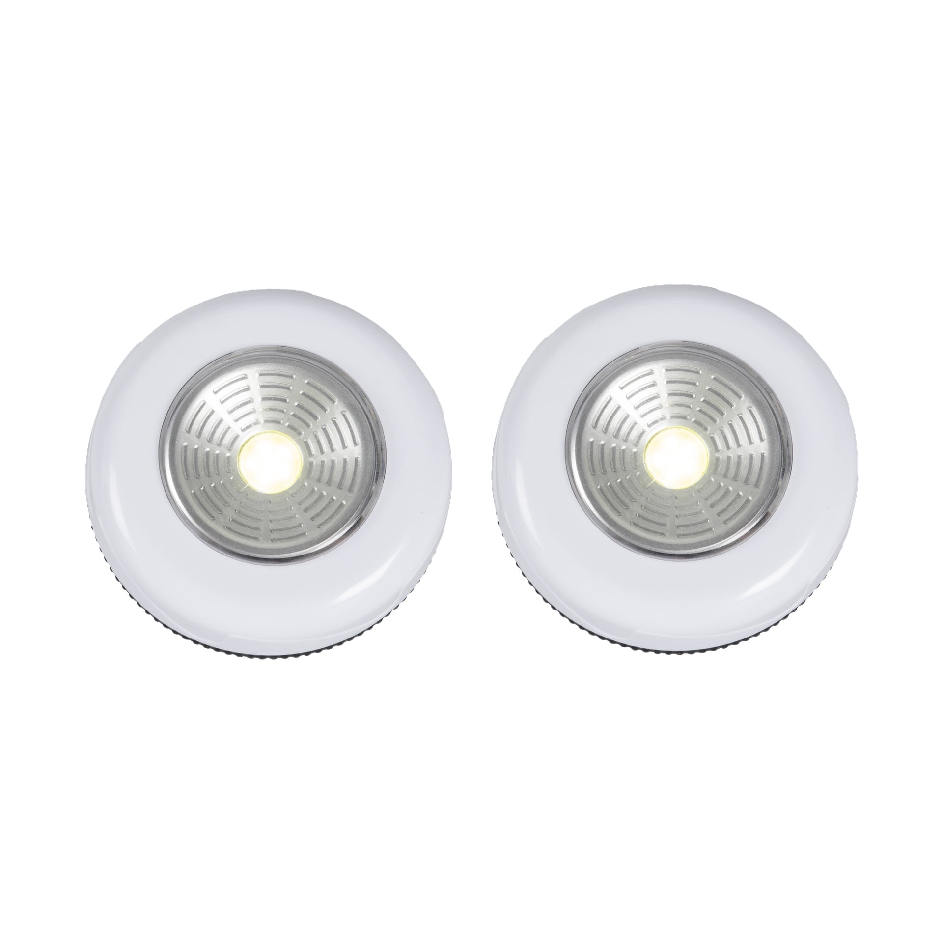 Anslut Wardrobe-lampans LED-2-pack visas sida vid sida med båda lamporna tända, var och en avger ett starkt gulaktigt sken från mitten.