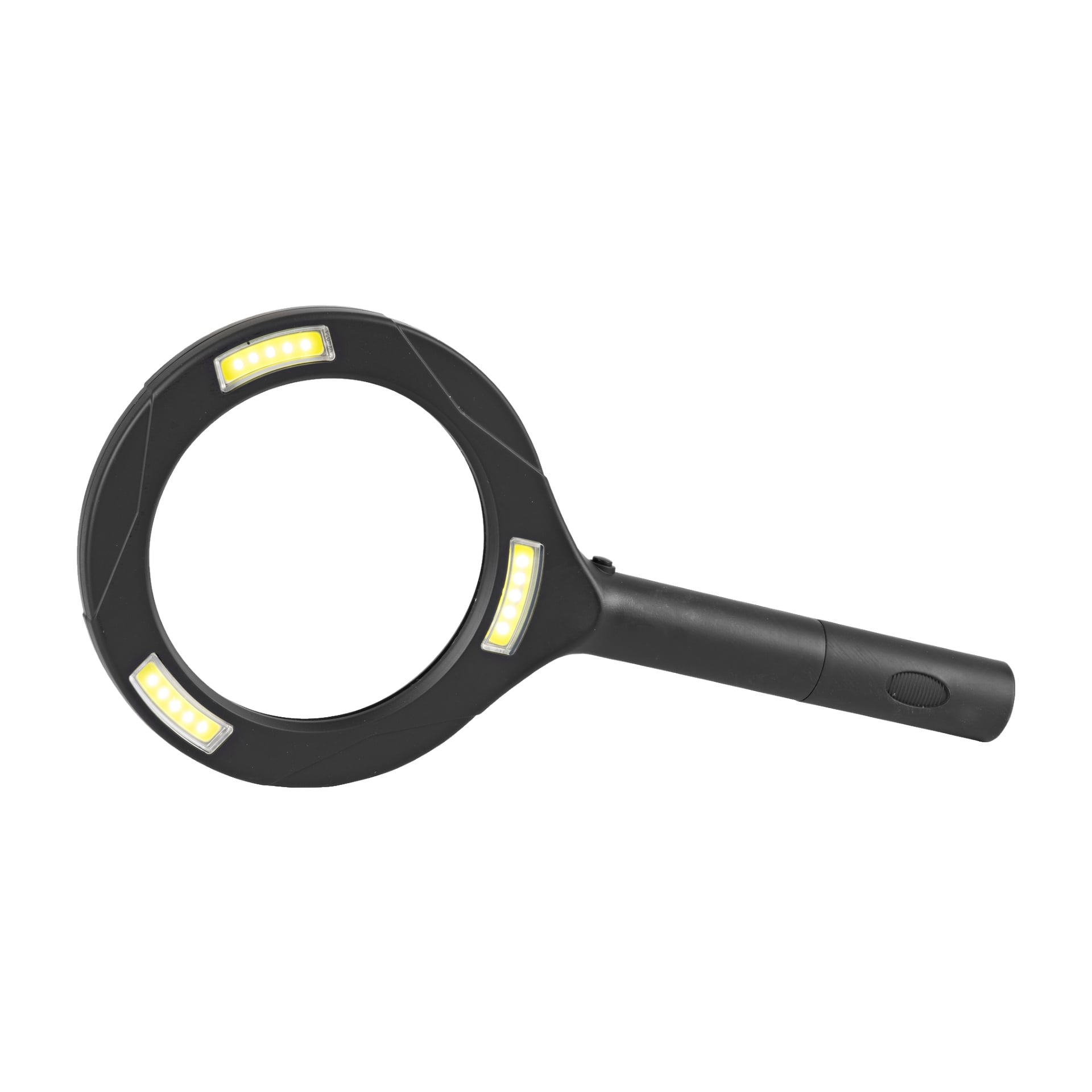 Ett svart Anslut LED-förstoringsglas med ett handtag som inkluderar en strömbrytare för att styra de integrerade LED-lamporna runt linsen.