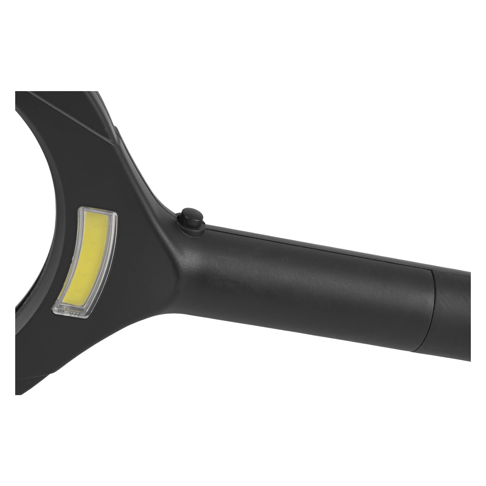 Närbild på Anslut LED-förstoringsglaset med svart handtag, accentuerad med gult och utrustad med en liten knapp på sidan.