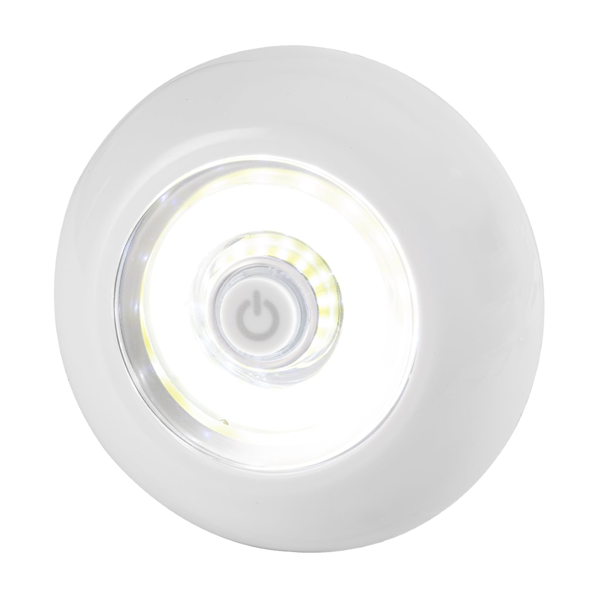 En cirkulär vit Anslut-garderobslampa med en central touchkänslig strömknapp, som lyser med starkt vitt LED-ljus.