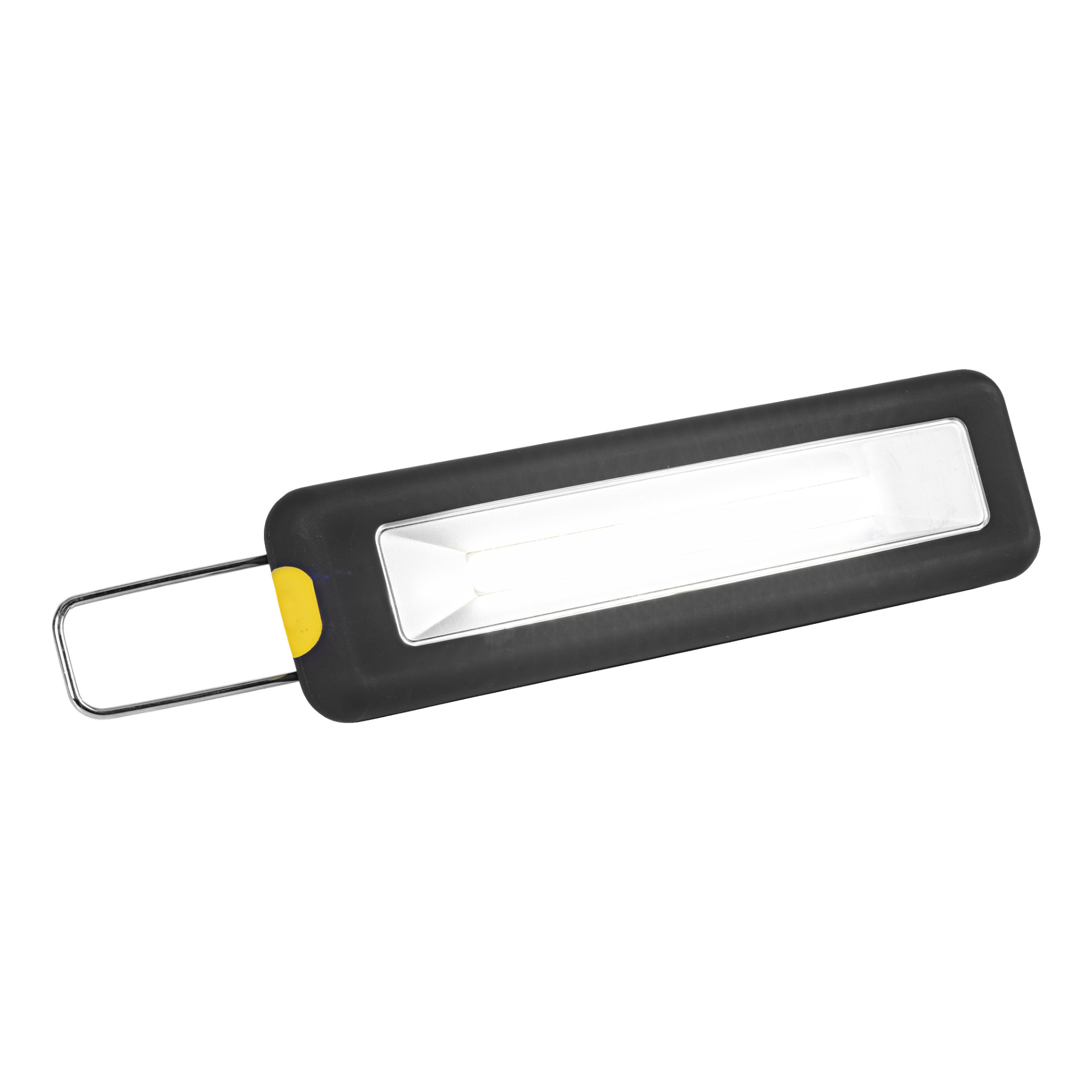 Lampa robocza Anslut LED: Prostokątna, przenośna lampa robocza LED z czarno-srebrnym korpusem, żółtym przyciskiem i metalowym hakiem do wieszania.