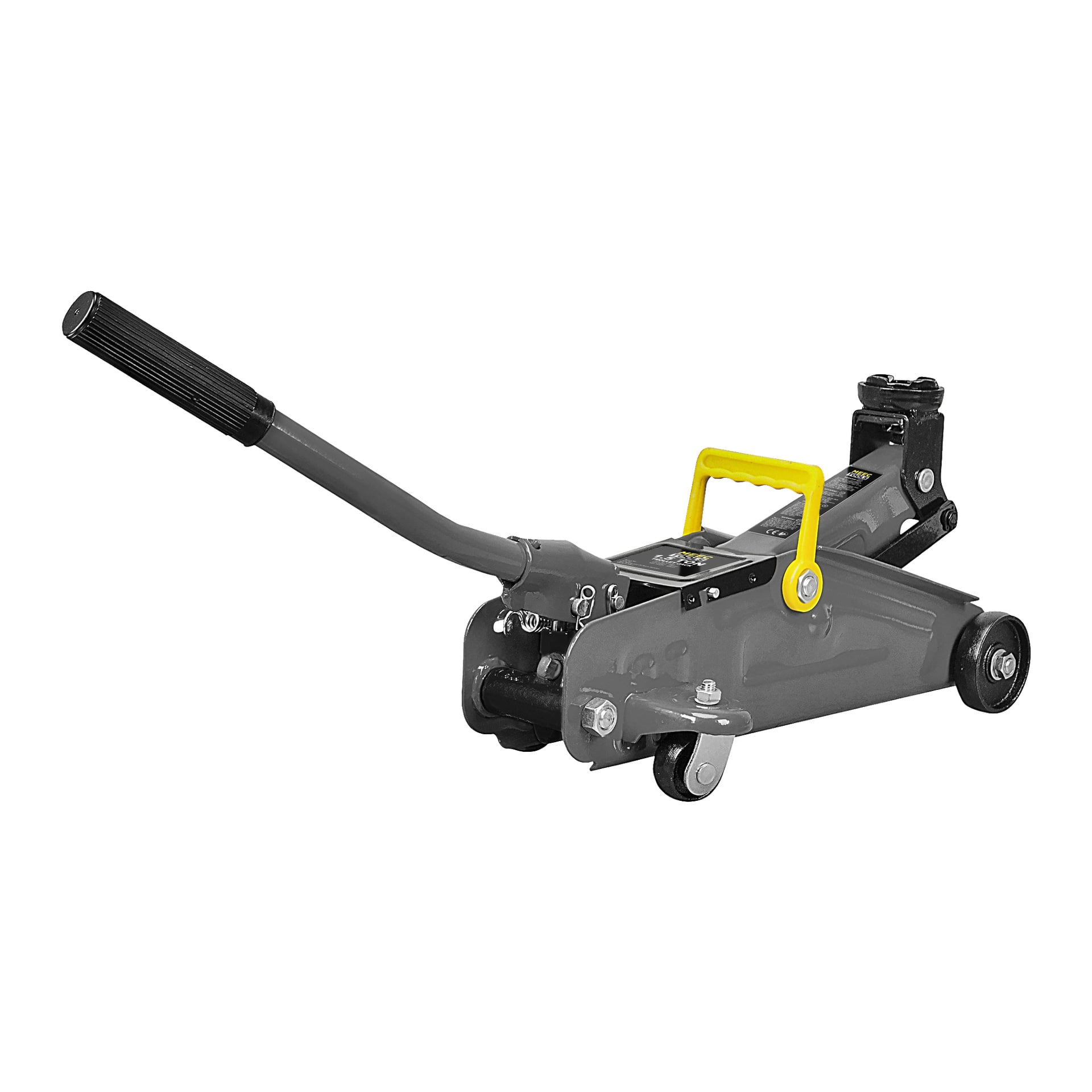 Meec Tools Compact lette jekk er en grå hydraulisk gulvjekk designet for å løfte kjøretøy, med svart håndtak, gult bærehåndtak og svarte hjul.