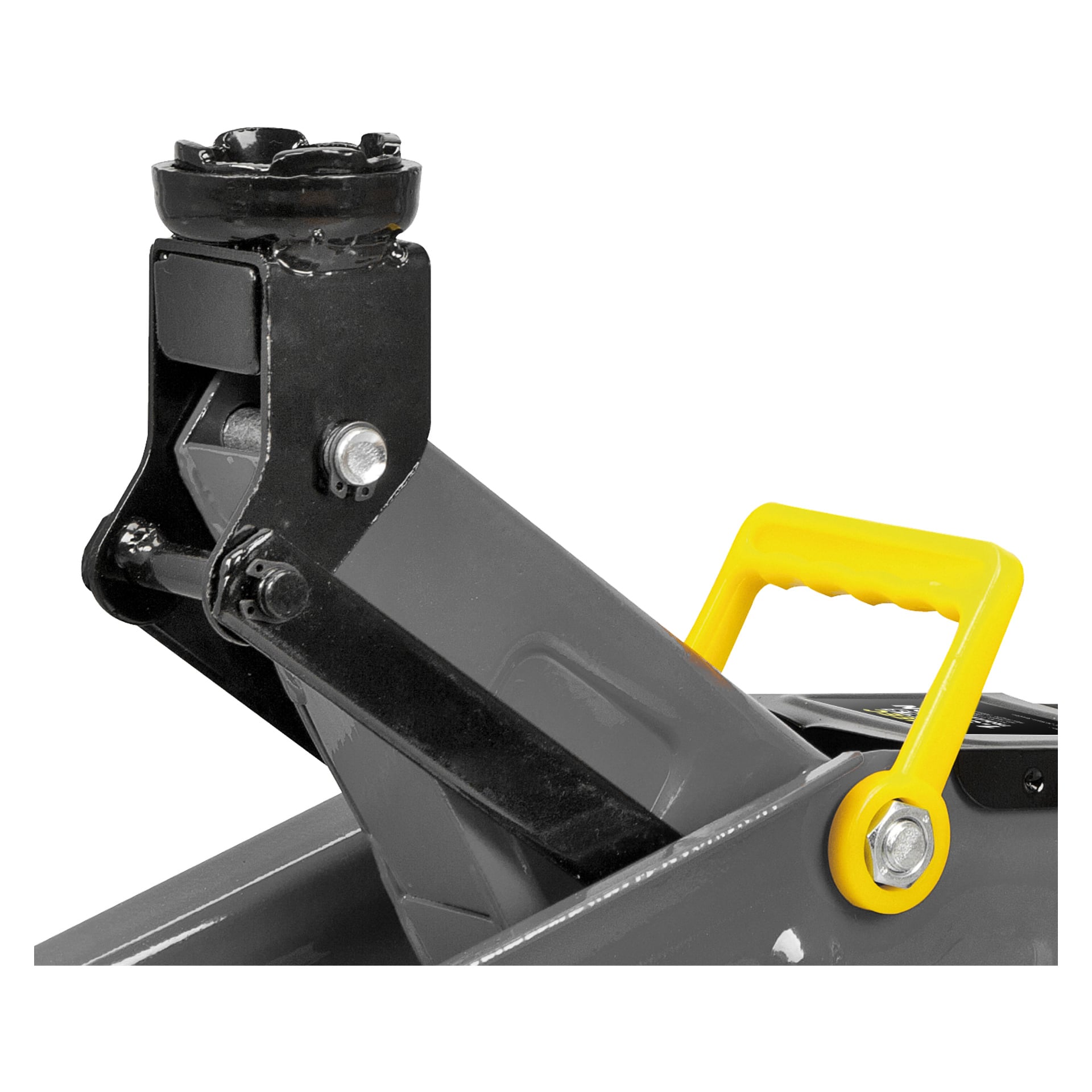 Detaljert bilde av Meec Tools Compact Lightweight Jack, med en svart og grå kropp og et karakteristisk gult håndtak. Bildet fremhever designet av løftearmen og salen, ment for å heve tunge kjøretøy under vedlikehold eller reparasjoner.