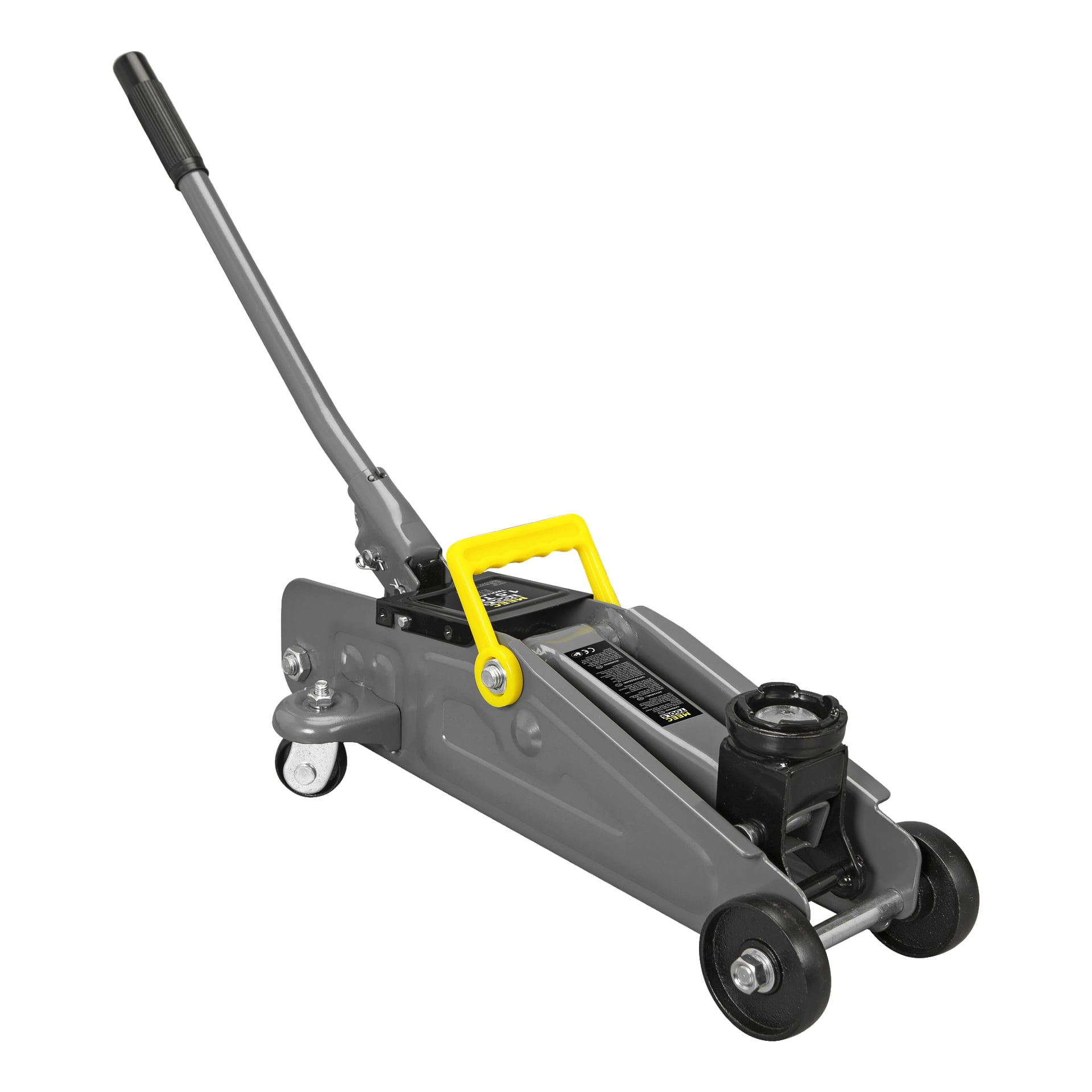 En kompakt grå Meec Tools-jekk med svart håndtak og gult bærehåndtak, designet med fire hjul og en løfteplate for å heve kjøretøy.