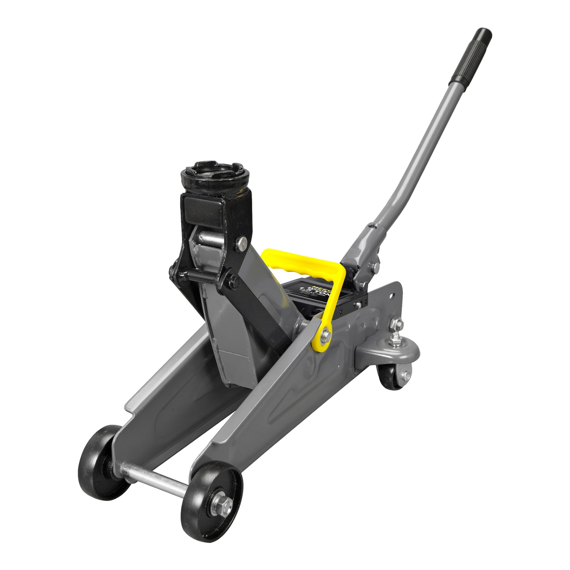 Meec Tools Compact hydrauliske gulvjekk er lett og grå, utstyrt med løftearm, svart håndtak, gul sikkerhetsstang og fire hjul for enkel bevegelse, beregnet for å heve kjøretøy under vedlikehold eller reparasjon.