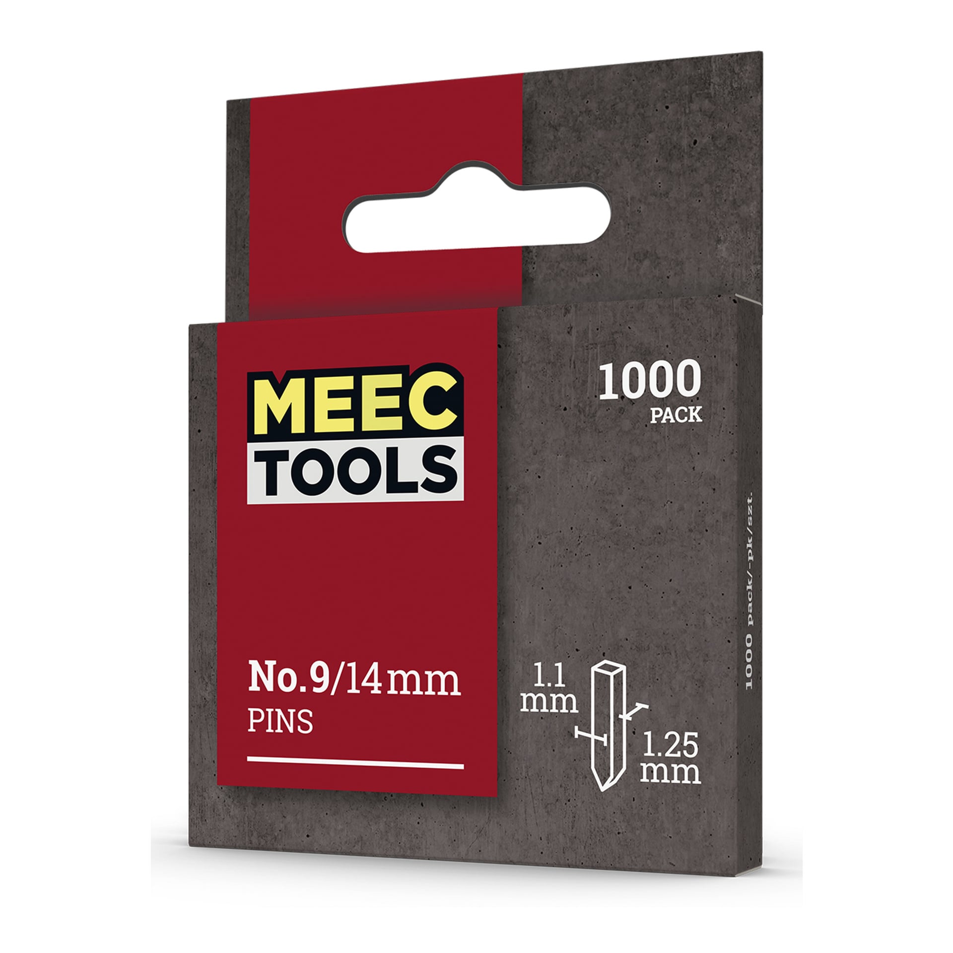 Ett Meec Tools-paket i rött och grått rymmer 1000 No. 9, 14 mm häftstift, med storleken 1,1 mm x 1,25 mm framtill och ett utskuret handtag högst upp för upphängning.