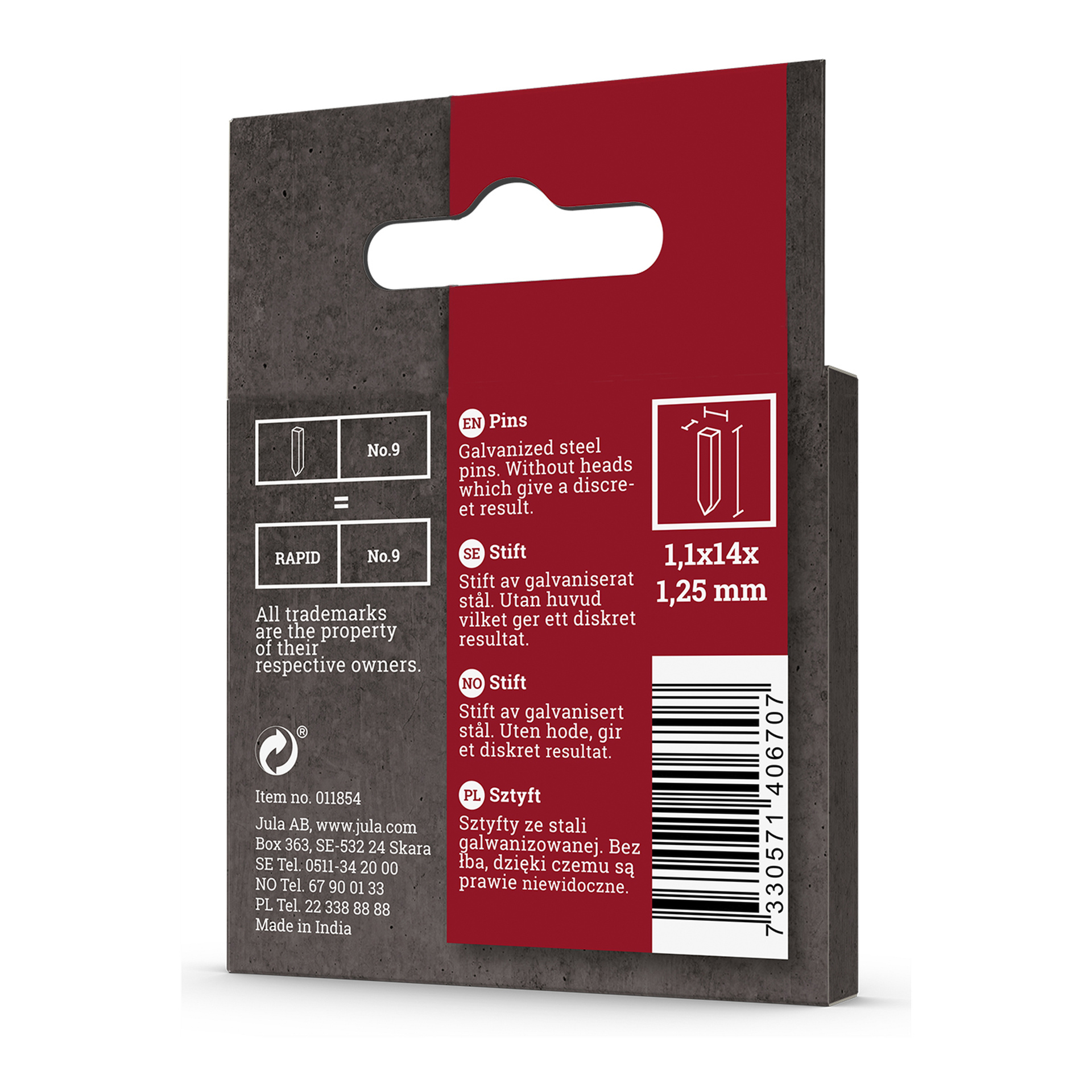En röd och brun Meec Tools-låda märkt "Pins for staple gun 1000 pack" innehåller galvaniserade stålstift som mäter 1,1 x 14 mm. Förpackningen innehåller en streckkod, hängflik och produktinformation tryckt på sidan.