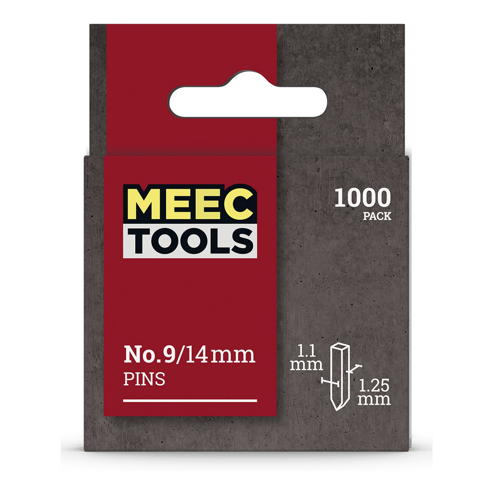 Ett rött och grått Meec Tools-paket visar "Pins for staple gun 1000 pack" tillsammans med No. 9/14 mm pinnar och ett illustrerat diagram med mått på 1,1 mm och 1,25 mm.