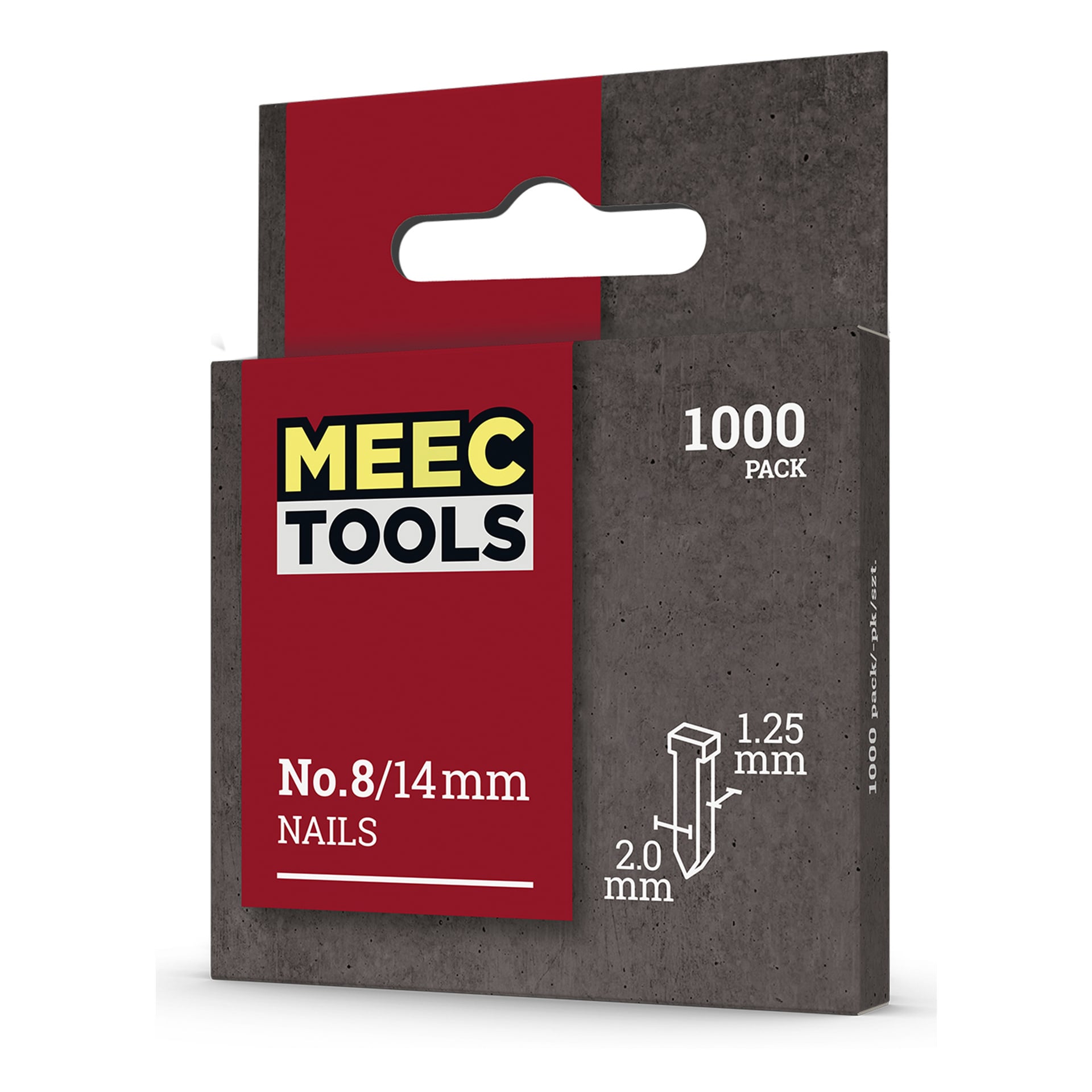Ett 1000-pack med Meec Tools häftstift i röd och grå förpackning med vit och gul text, med nagelmått på 1,25 mm x 2,0 mm på framsidan.