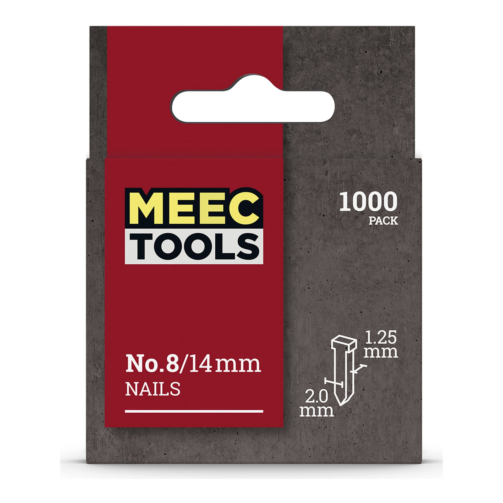 Ett paket med 1000 Meec Tools-nålar för en häftpistol, visad i övervägande röd och grå förpackning med vit text som anger storleken som 2,0 mm bred och 1,25 mm tjock (nr 8/14 mm).