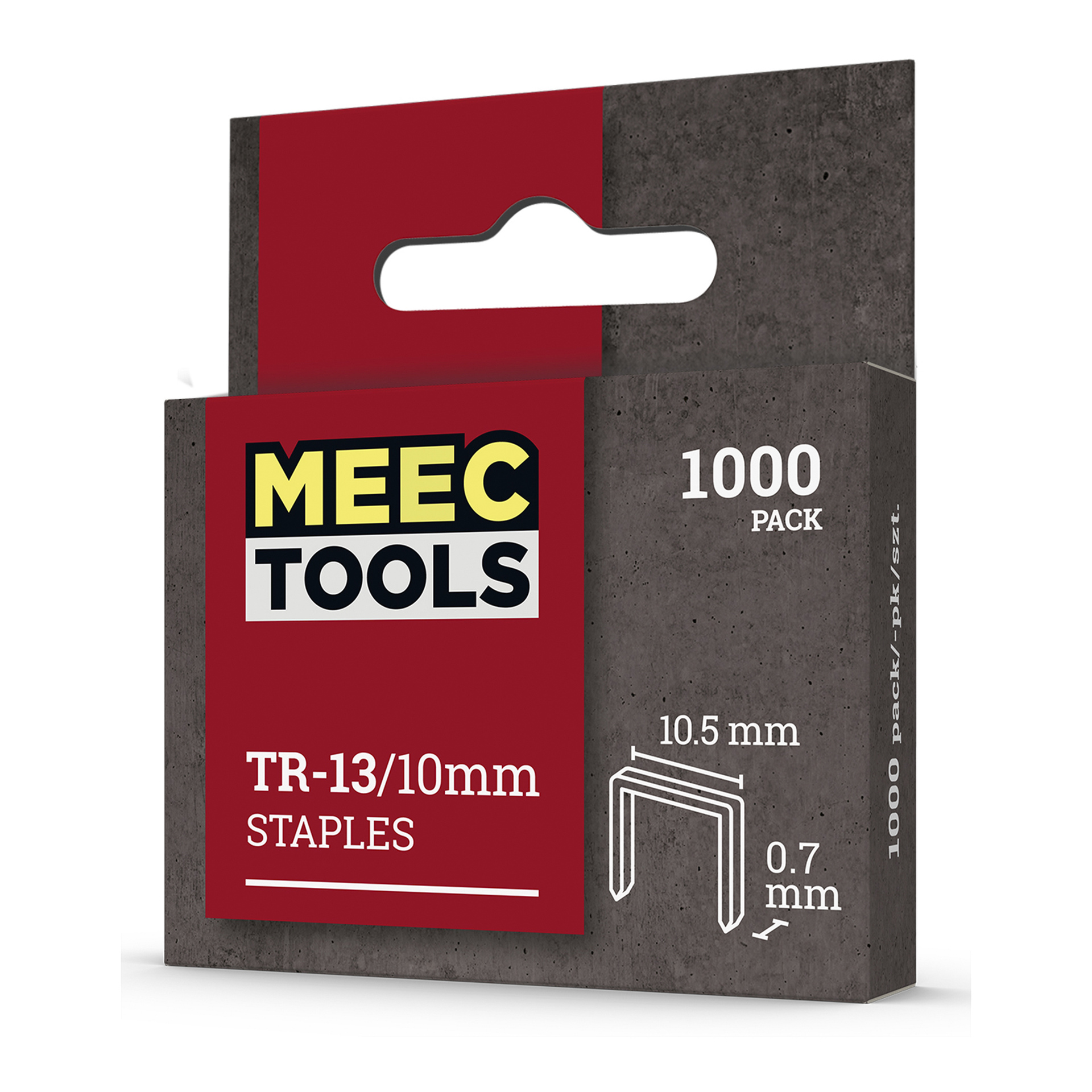 Pudełko zawierające 1000 zszywek Meec Tools z czerwonym i szarym opakowaniem, pokazane obok diagramu na podstawie wymiarów zszywki o szerokości 10,5 mm i grubości 0,7 mm.