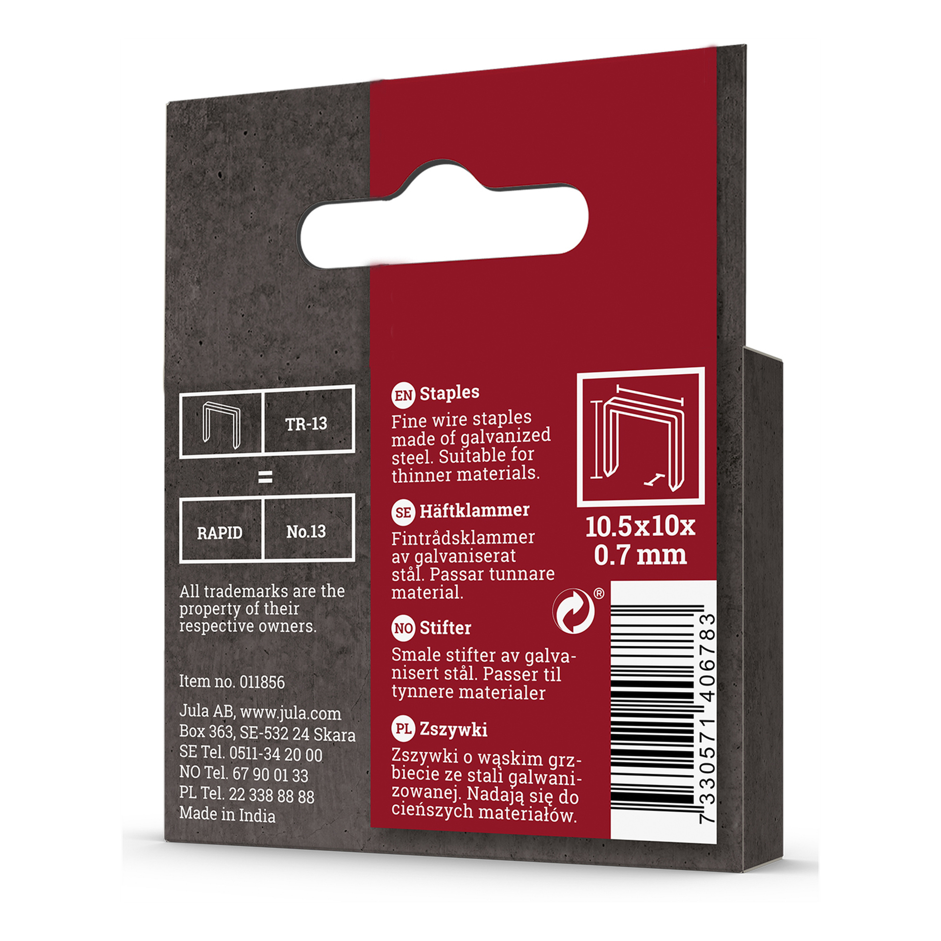 Kartonowe pudełko oznaczone jako Meec Tools Staples 1000 pack jest przeznaczone do cieńszych materiałów i zawiera ocynkowane stalowe zszywki o wymiarach 10,5x10x0,7mm (pozycja nr 011856). Zszywki są kompatybilne ze zszywaczami TR-13 i RAPID nr 13, a szczegóły produktu znajdują się na etykiecie opakowania.