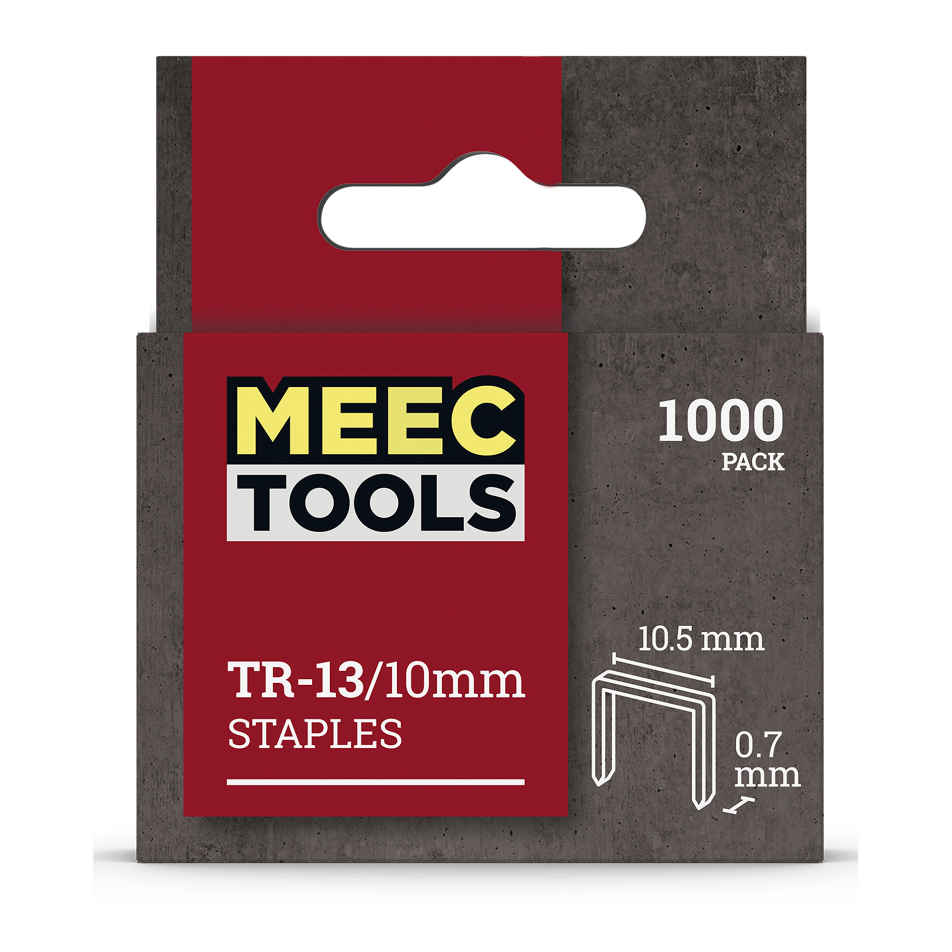 Pudełko zszywek Meec Tools zawierające 1000 zszywek, pokazujące wymiary zszywek 10,5 mm szerokości i 0,7 mm grubości. Opakowanie jest głównie szare z czerwonymi akcentami i posiada zawieszoną zakładkę na górze.
