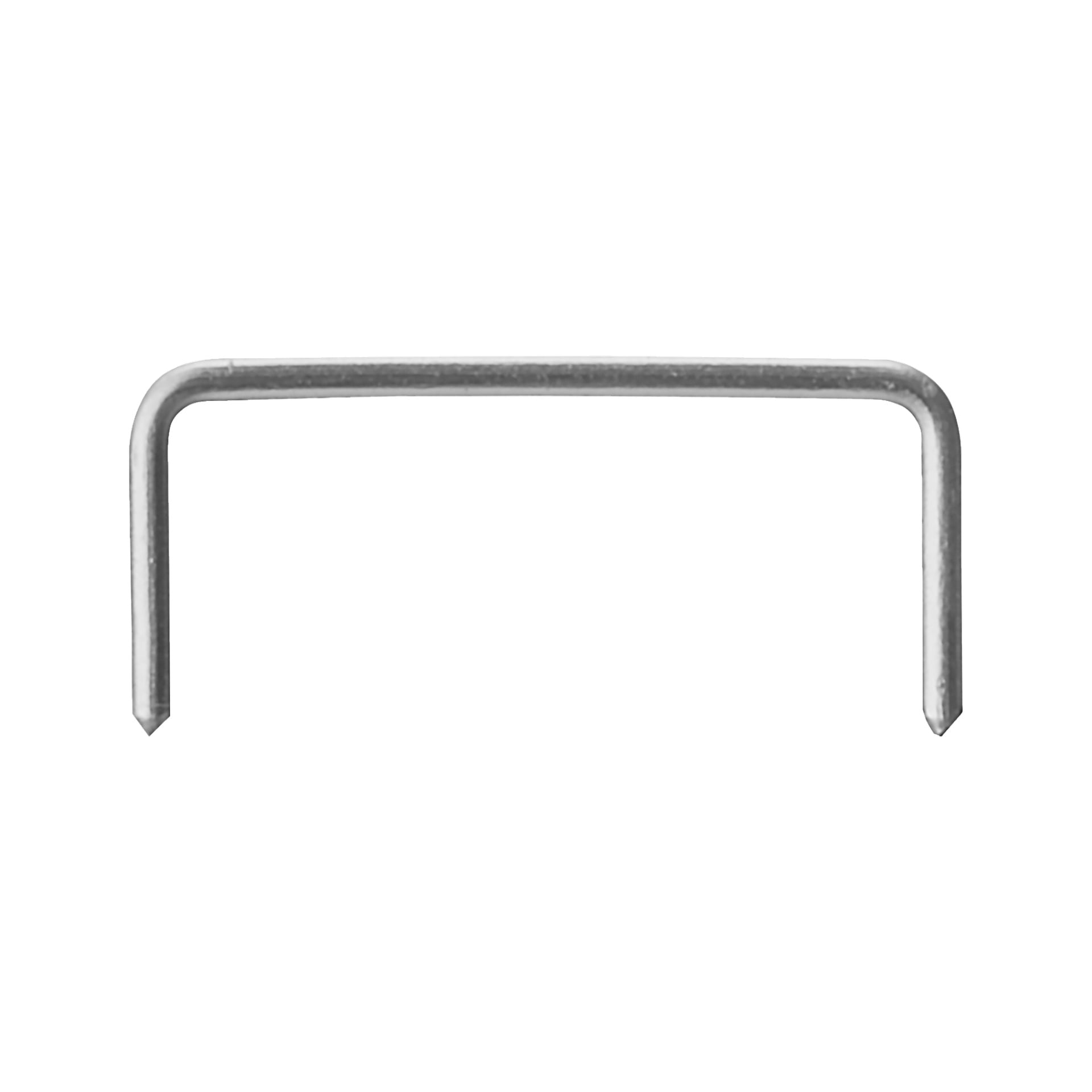 En enda Meec Tools fäktningsklamypt från Staples 1000-paketet med silverfärgad beläggning och två vassa ändar böjda i rät vinkel.