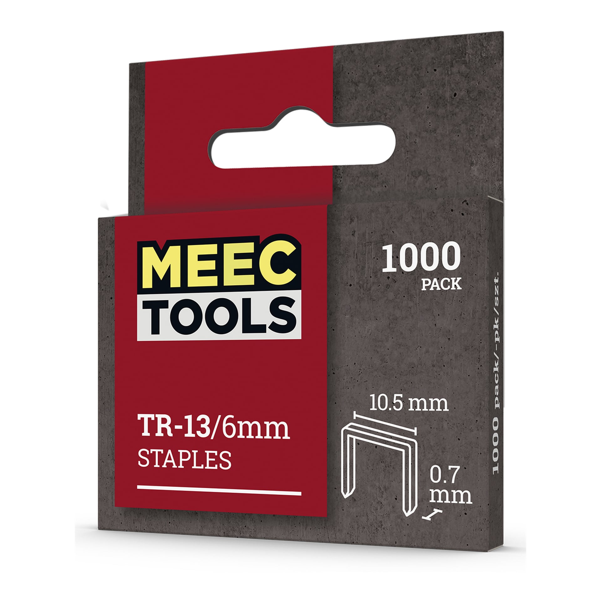 Ett 1000-pack Meec Tools Staples i förpackning med en röd och grå design med en hängande utskärning. Framsidan visar staplemåtten: 10,5 mm bred, 6 mm hög och 0,7 mm tjock.