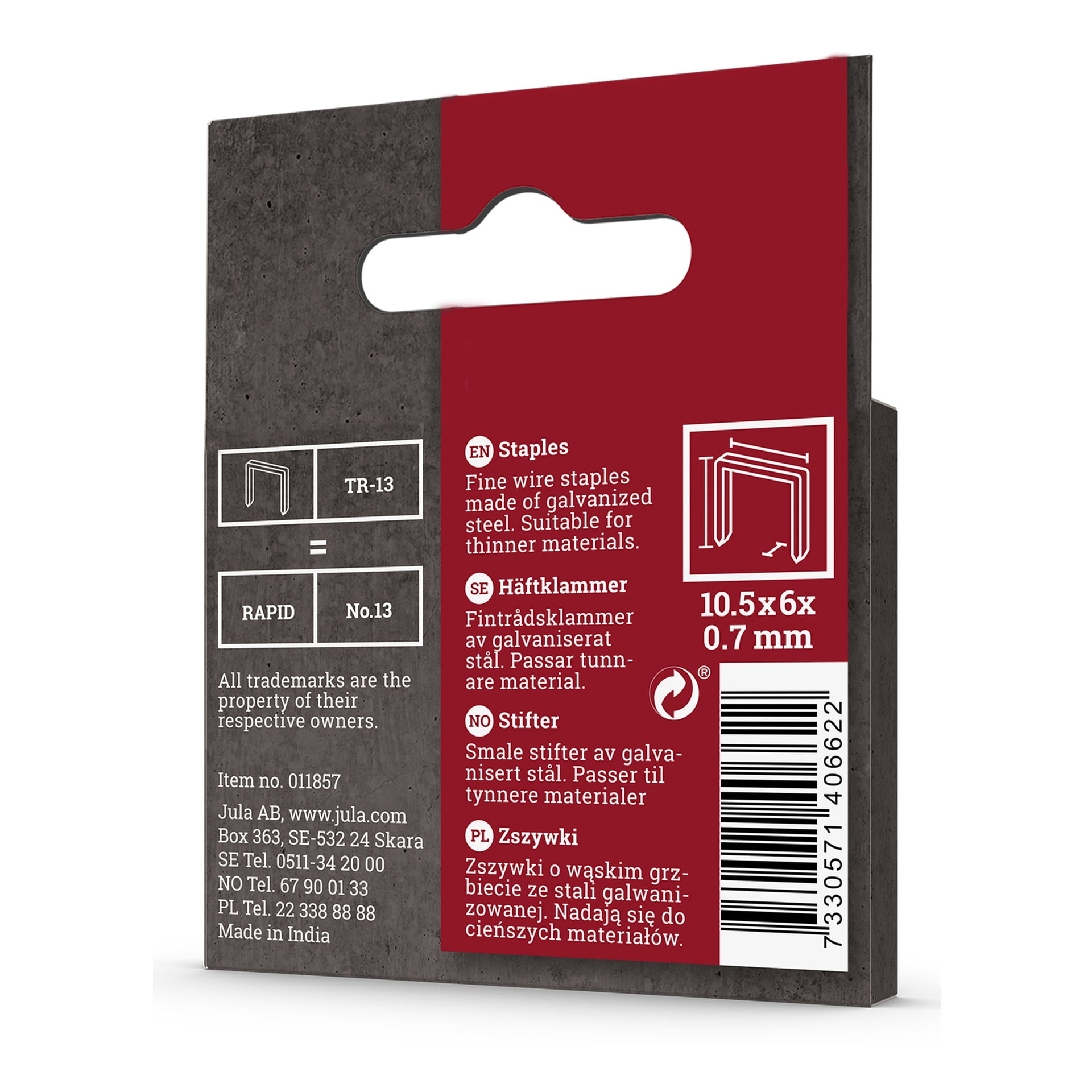 En röd och vit låda med Meec Tools Staples 1000-paket har häftstorlekarna 10,5x6 mm och 0,7 mm på etiketten. Förpackningen innehåller produktinformation, ett enkelt diagram som visar en stapel, kontaktuppgifter och en streckkod på framsidan.