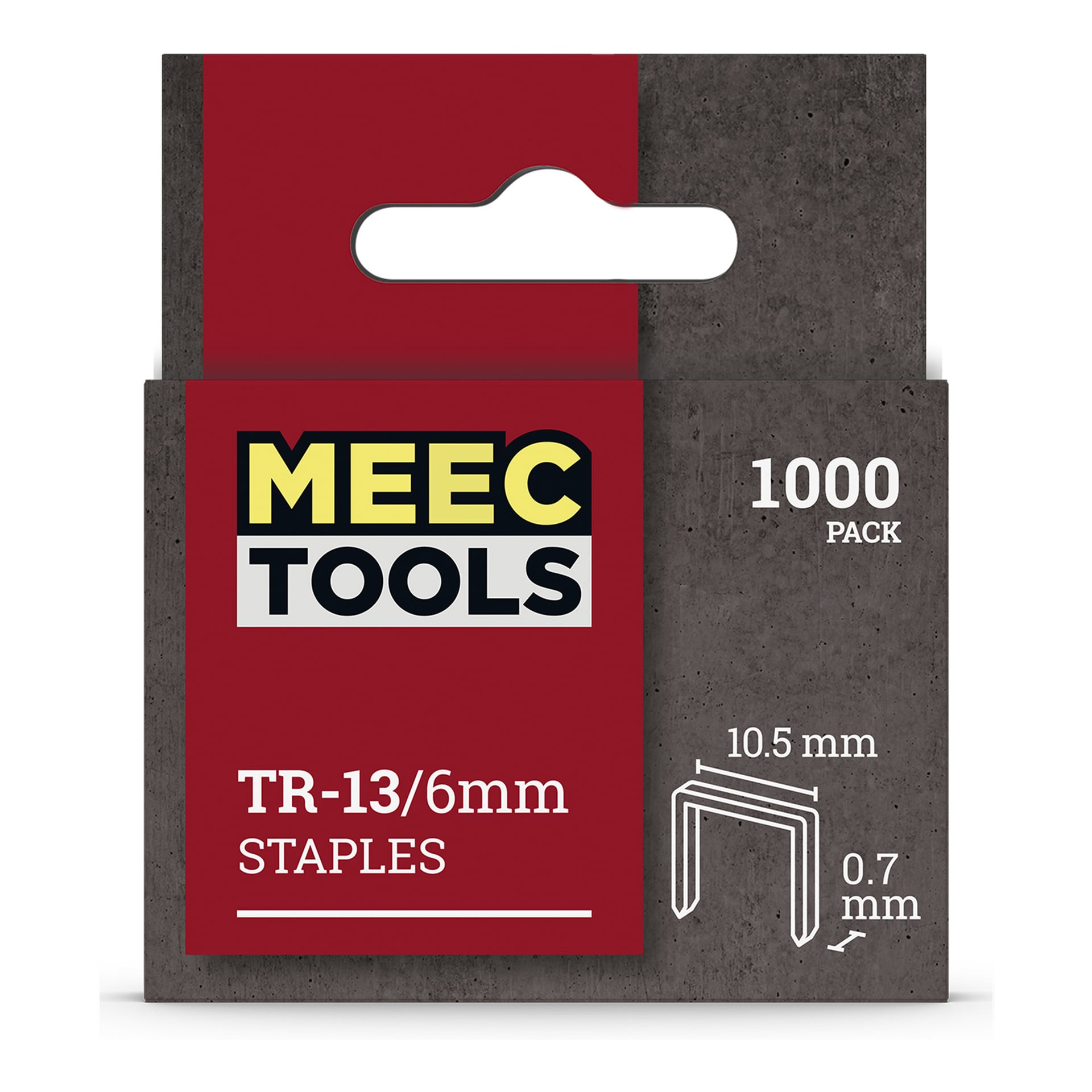 En röd och grå låda med Meec Tools Staples innehållande 1000 delar, med detaljer om häftstorleken som visar 10,5 mm bredd och 0,7 mm tjocklek, samt en utskuren bit för att hänga synlig på förpackningen.