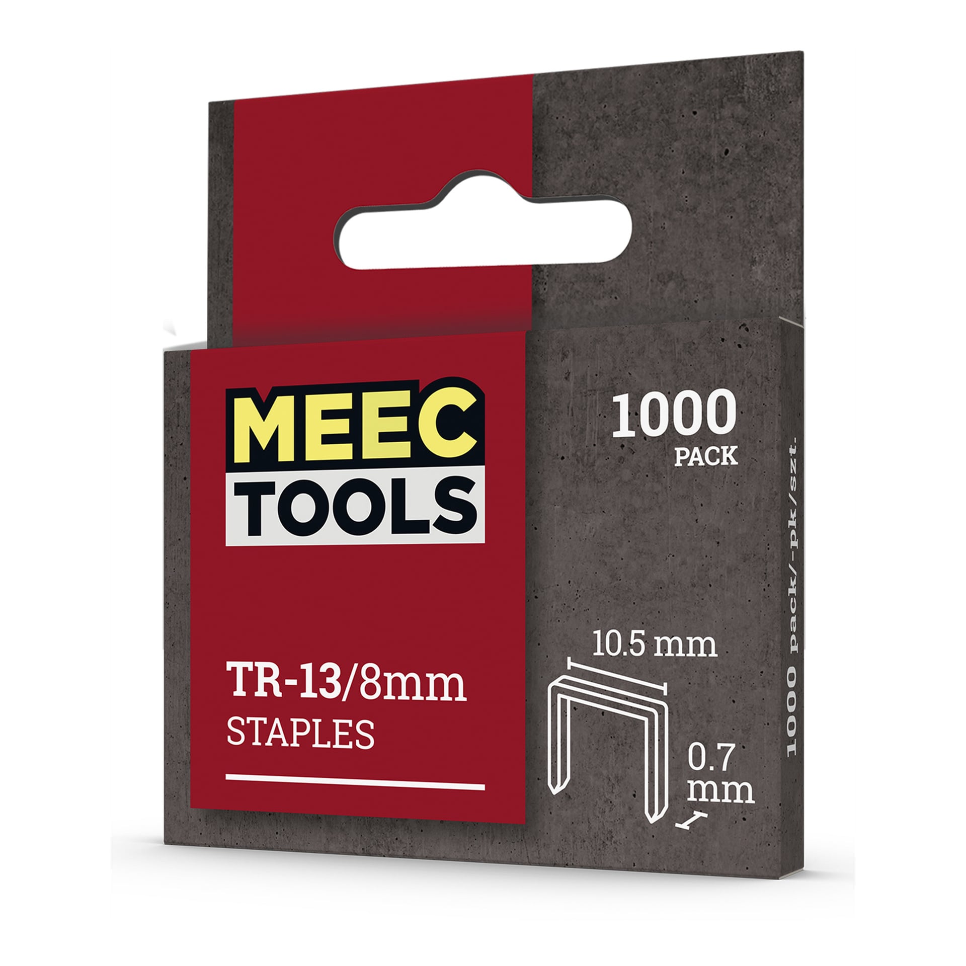 En låda med Meec Tools Staples (1000 stycken, 8 mm) visas i grå och röd förpackning med ett vitt diagram på framsidan som visar staplemåtten 10,5 mm gånger 0,7 mm.