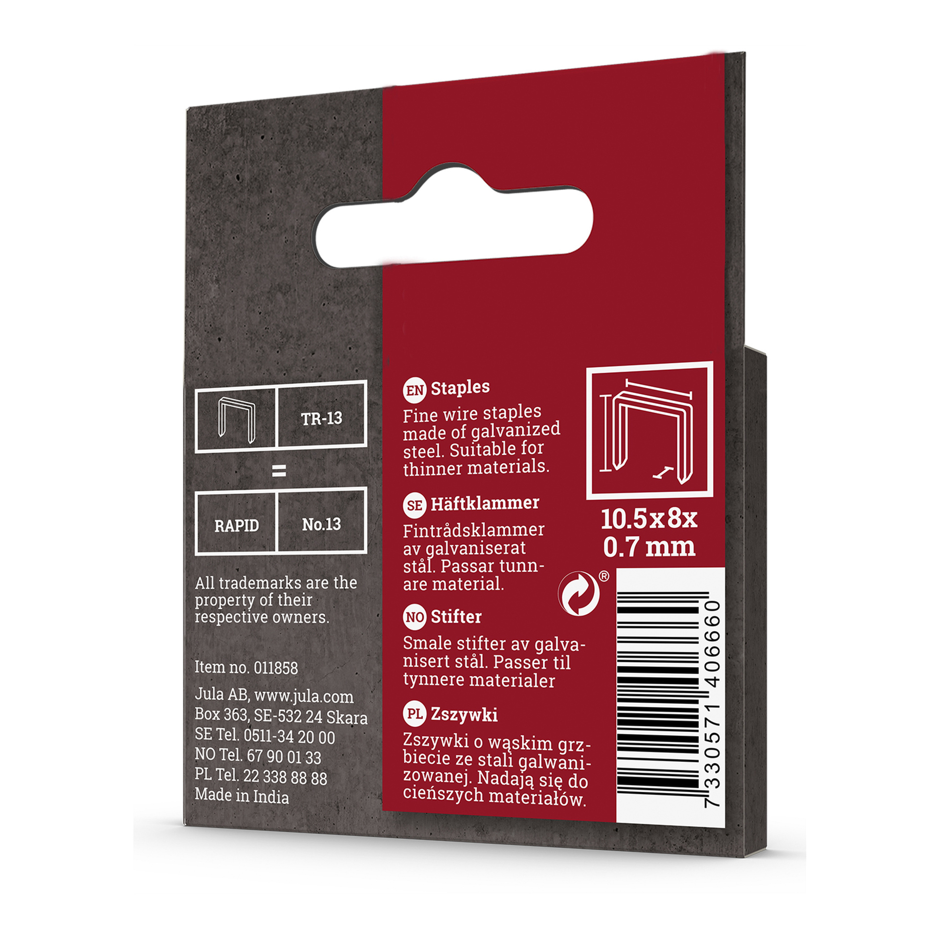 Röd och vit Meec Tools Staples 1000-förpackning för No. 13 fintrådshäftklammer, storlekarna 10,5 x 8 x 0,7 mm och tillverkade av galvaniserat stål. Paketet visar ett häftschema, lite beskrivande text och en streckkod nere i högra hörnet.