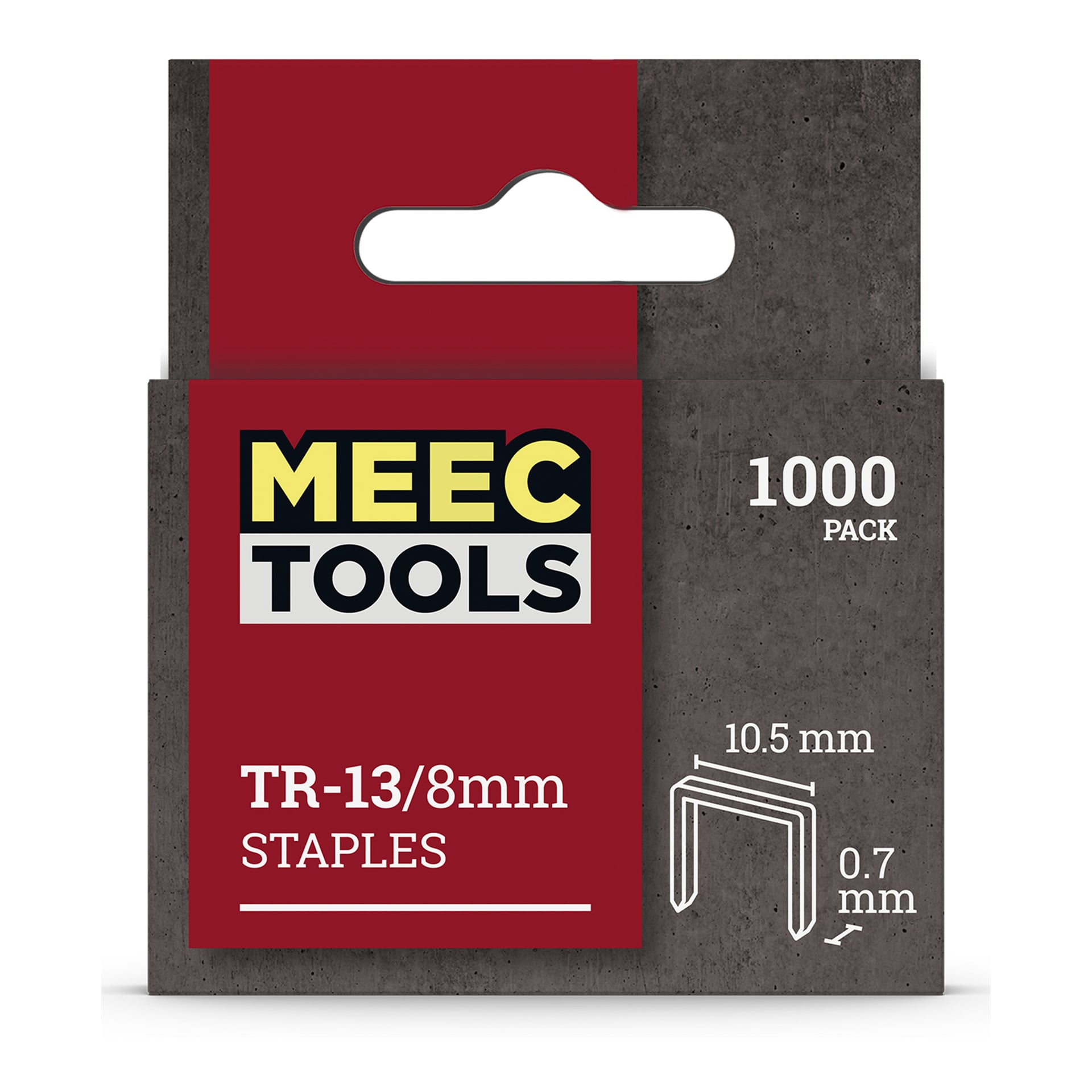 En låda med 1000-pack Meec Tools Staples. Förpackningen är röd och grå, med stapmått på 10,5 mm bredd och 0,7 mm tjocklek på framsidan.
