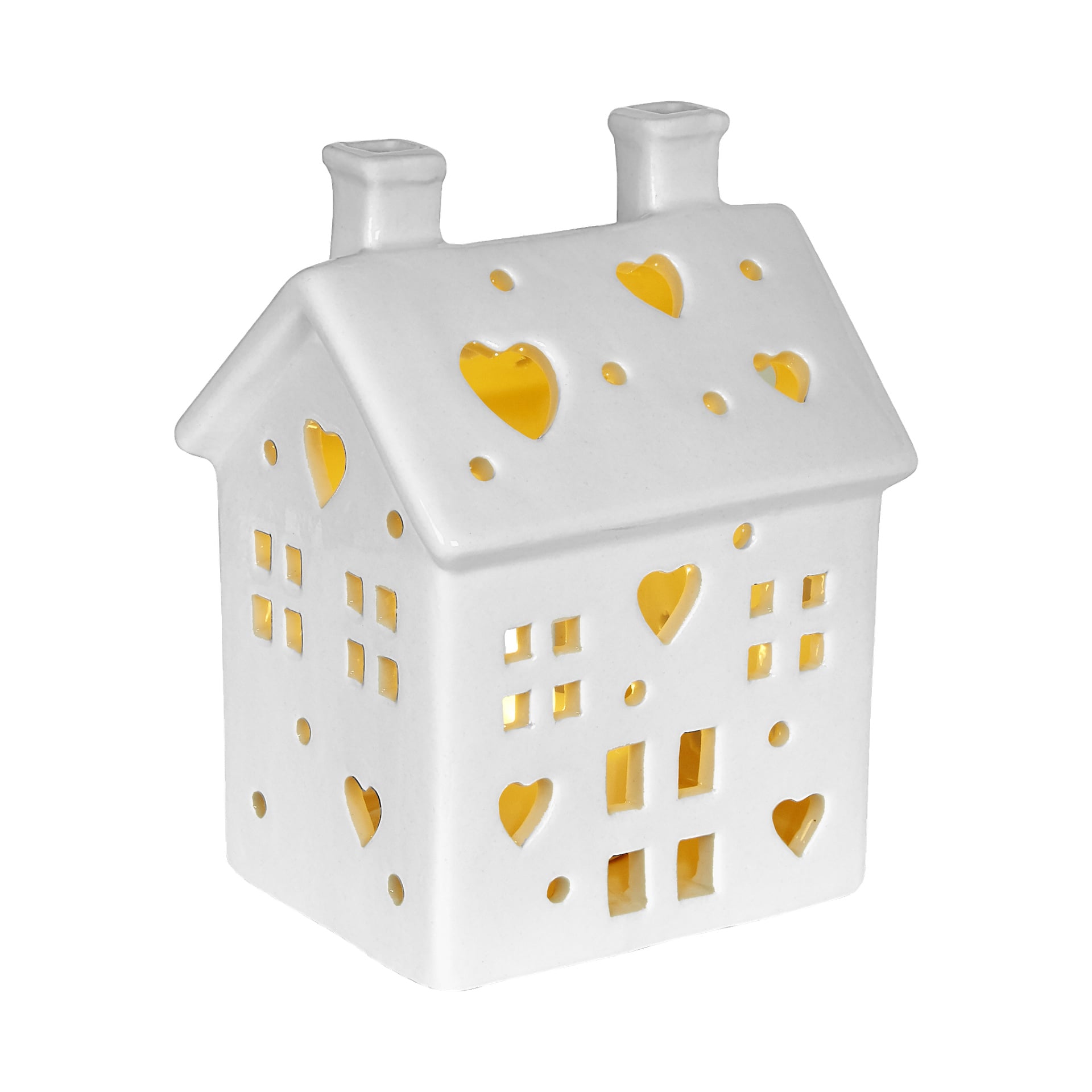Menuett Lantern to biała ceramiczna latarnia w kształcie domu, z wycięciami w kształcie serca i kwadratu na ścianach i dachu, które emitują delikatny, zachęcający blask przez otwory.