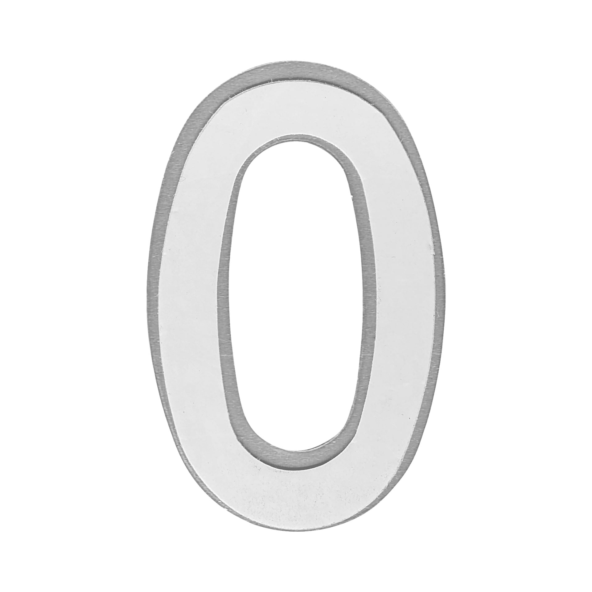 En Hard Head självhäftande nummer "0" med en blank metallisk silverfinish, designad i oval form med ihålig mitt.