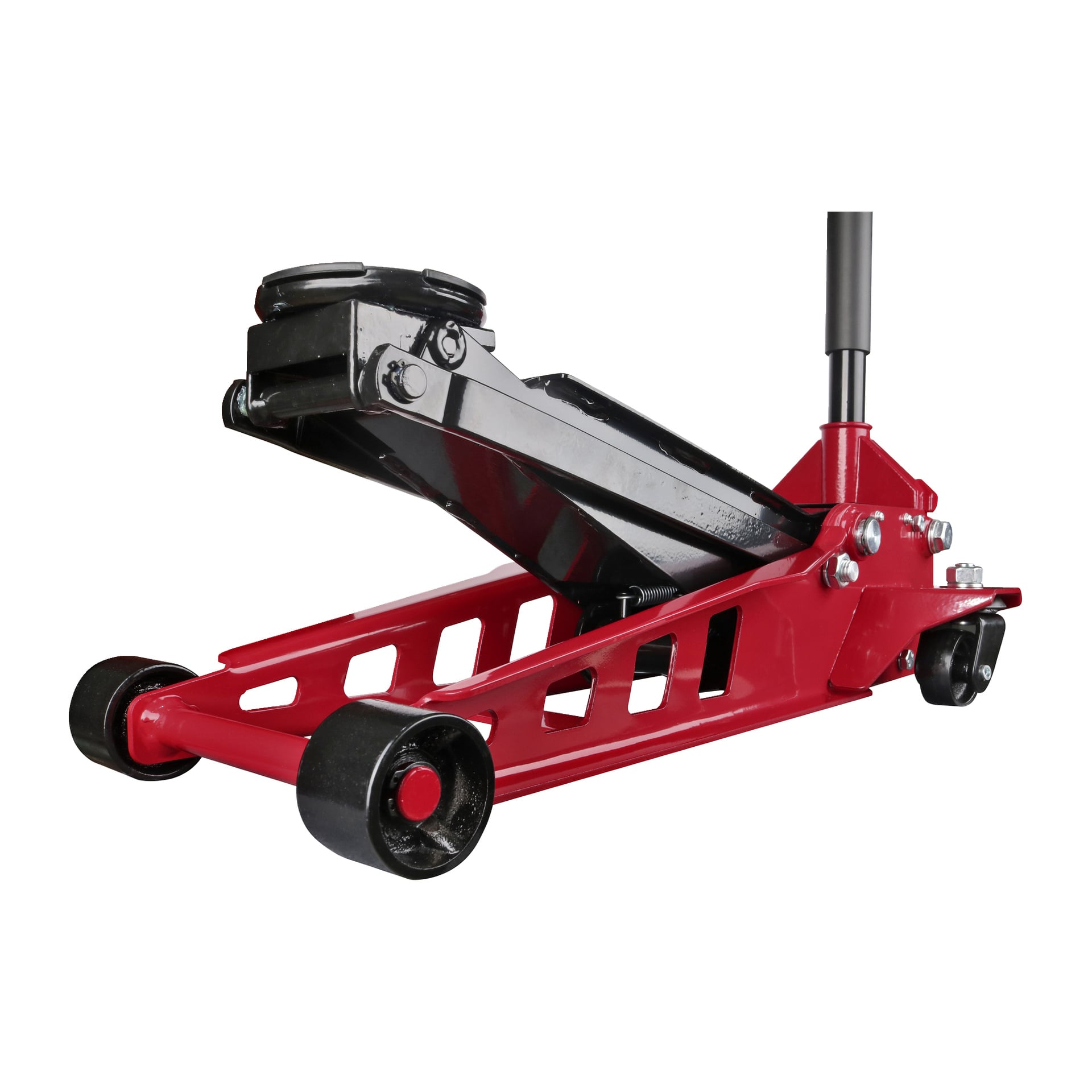 Ein Meec Tools High Lifting Low Profile Jack mit rotem und schwarzem Metallrahmen, vier Rädern und einem verlängerten Griff ist mit teilweise erhöhtem Hebearm zu sehen.