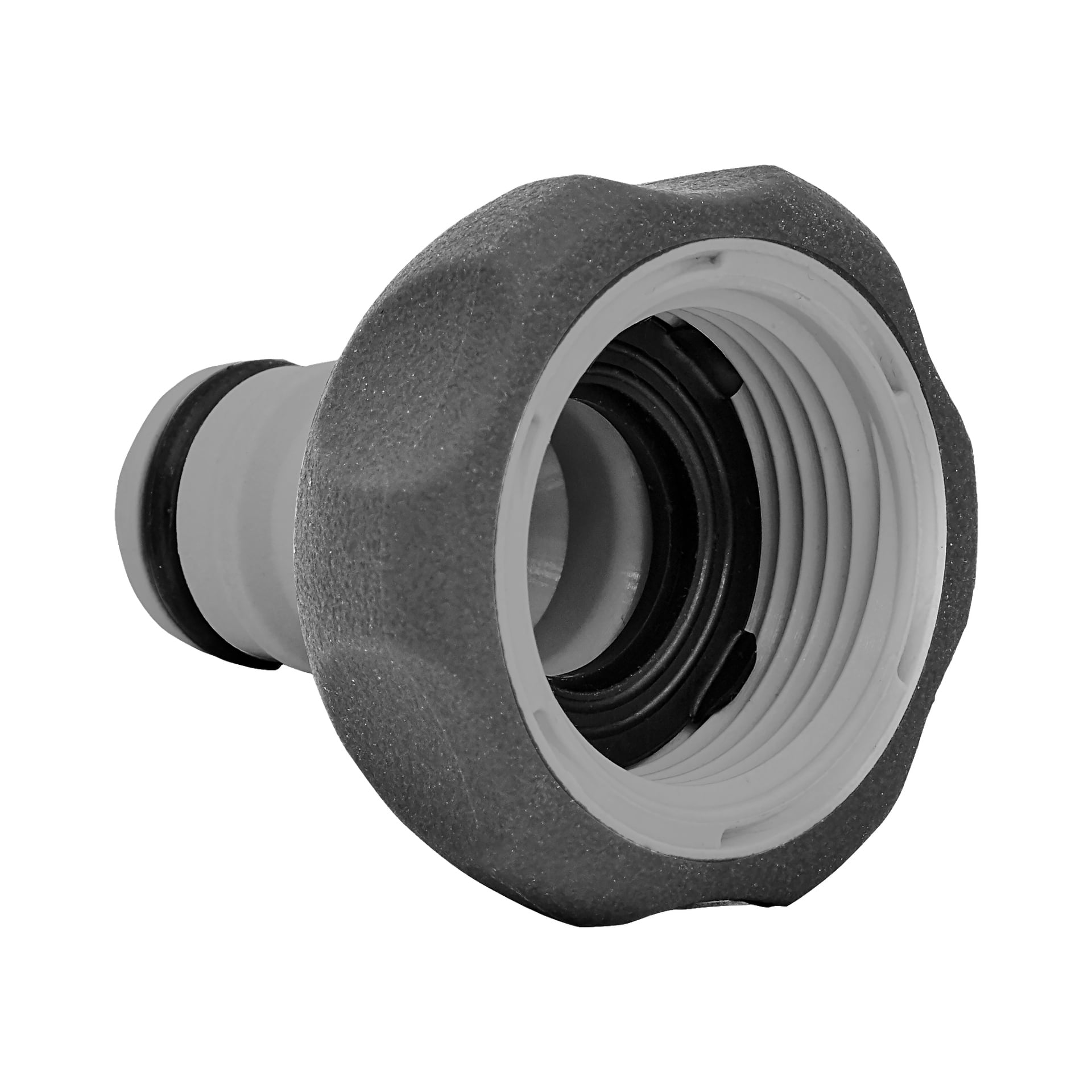 En närbild av Hard Head Screw-kontakten, en plastslangkoppling med grå struktur och innergänga för att fästa slangar. Produkten är märkt Hard Head Screw-koppling.